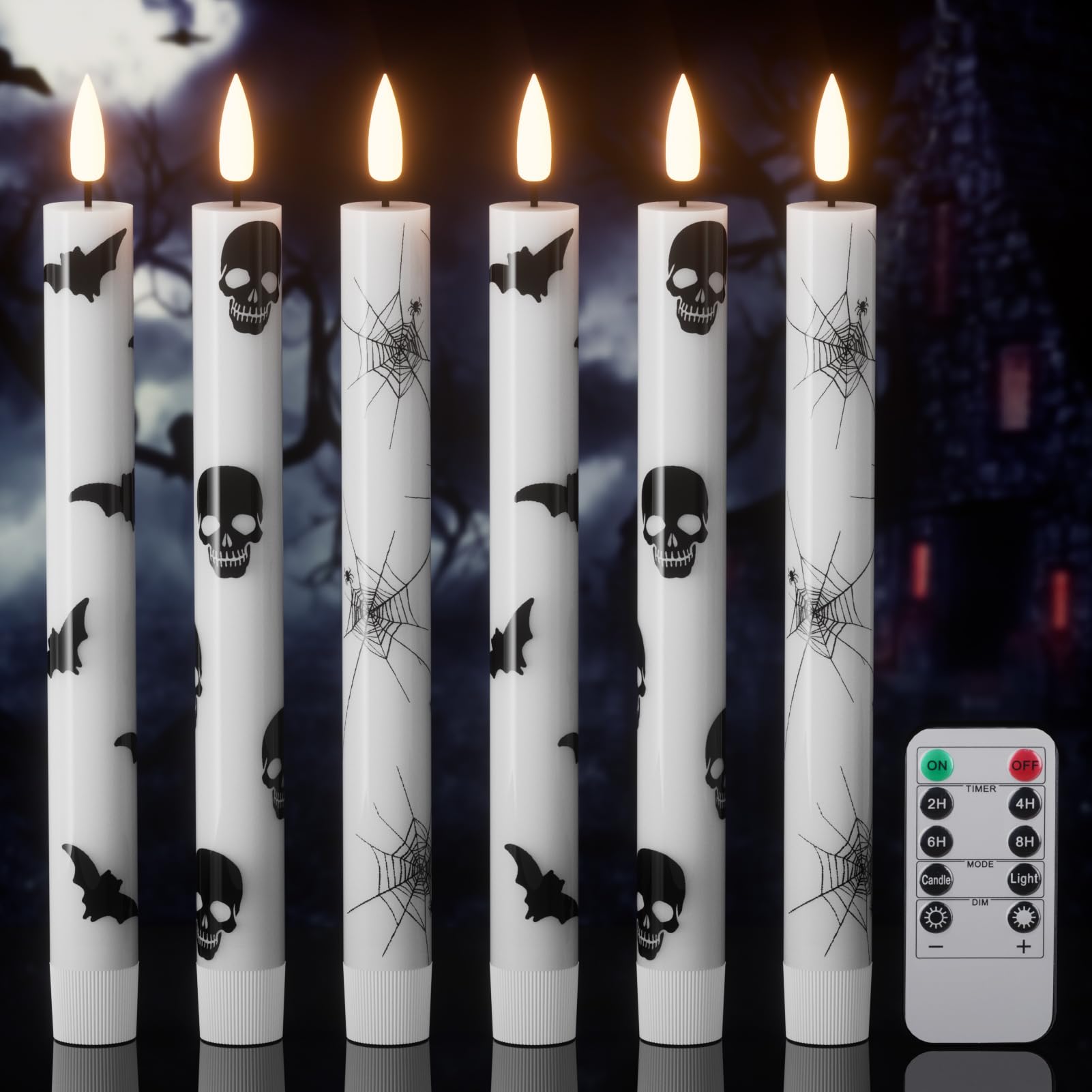 Lasumora Halloween Flameless Taper Candles With Remote Timer, 6 Pack Led Flickering Candlestick, Battery Operated Real Wax Candl