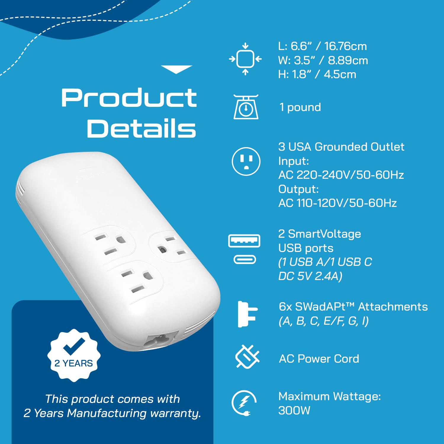 Ceptics 300W Travel Voltage Converter, 220V To 110V 50Hz To 60Hz Step Down For Curling Iron, Straightener, 1 Usb, 1 Usb C 18W, S