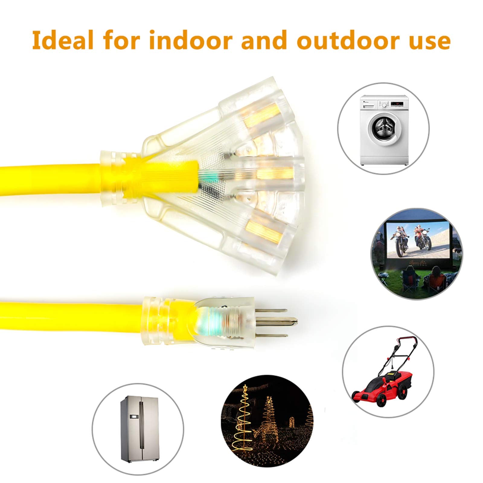 10 Ft 12/3 Extension Cord Heavy Duty Black 3 Outlet Indoor/Outdoor Sjtw Lighted 12 Gauge Grounded Power Cable ,12Awg 15 Amp, 187