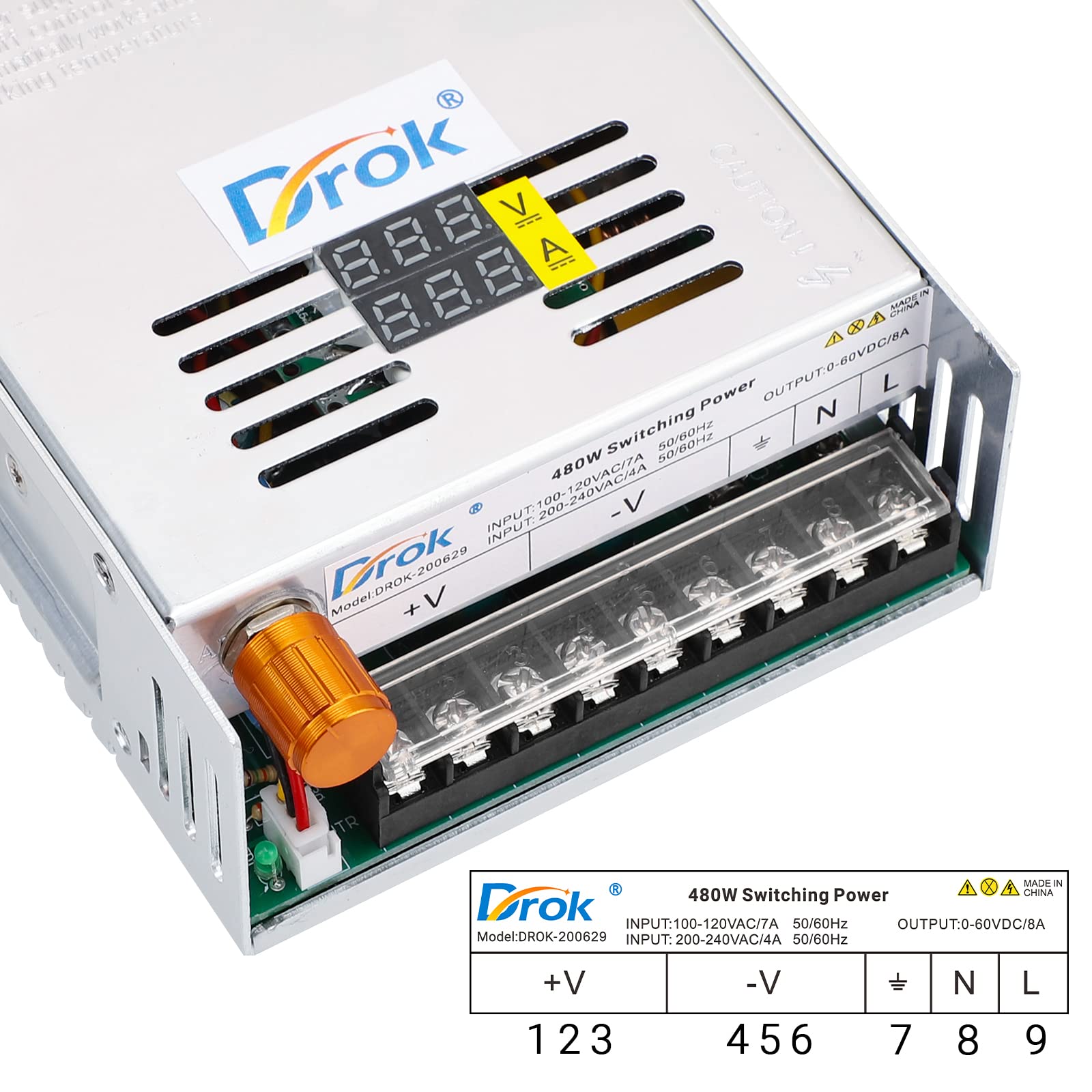 Drok 60V Power Supply, Ac 110V 220V To Dc 0 60V 8A 480W Buck Converter Dual Display, Variable Adjustable Adapter Regulated 5V 12