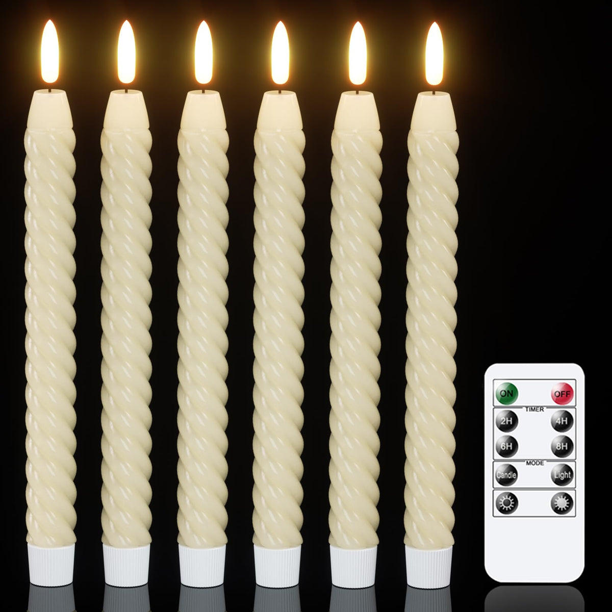 Kunswenn Spiral Taper Flameless Flickering Candles With Remote Timer, Led Battery Operated Real Wax Candle For Candlestick With