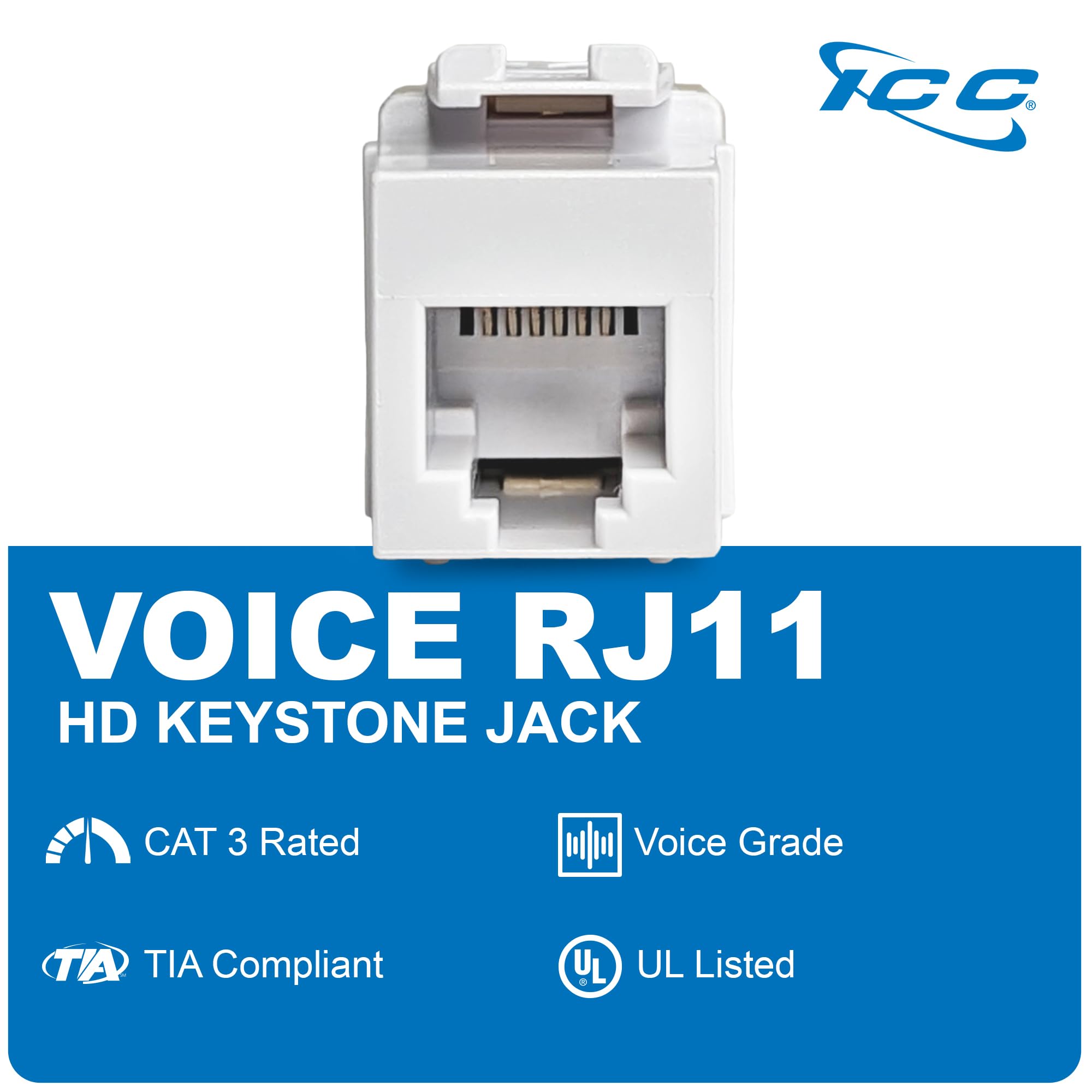 Icc Voice Keystone Jack For Hd Style, Rj11, 6P6C - Ul Listed Phone Network Cable Connector - Tia Compliant - Compatible With Ser