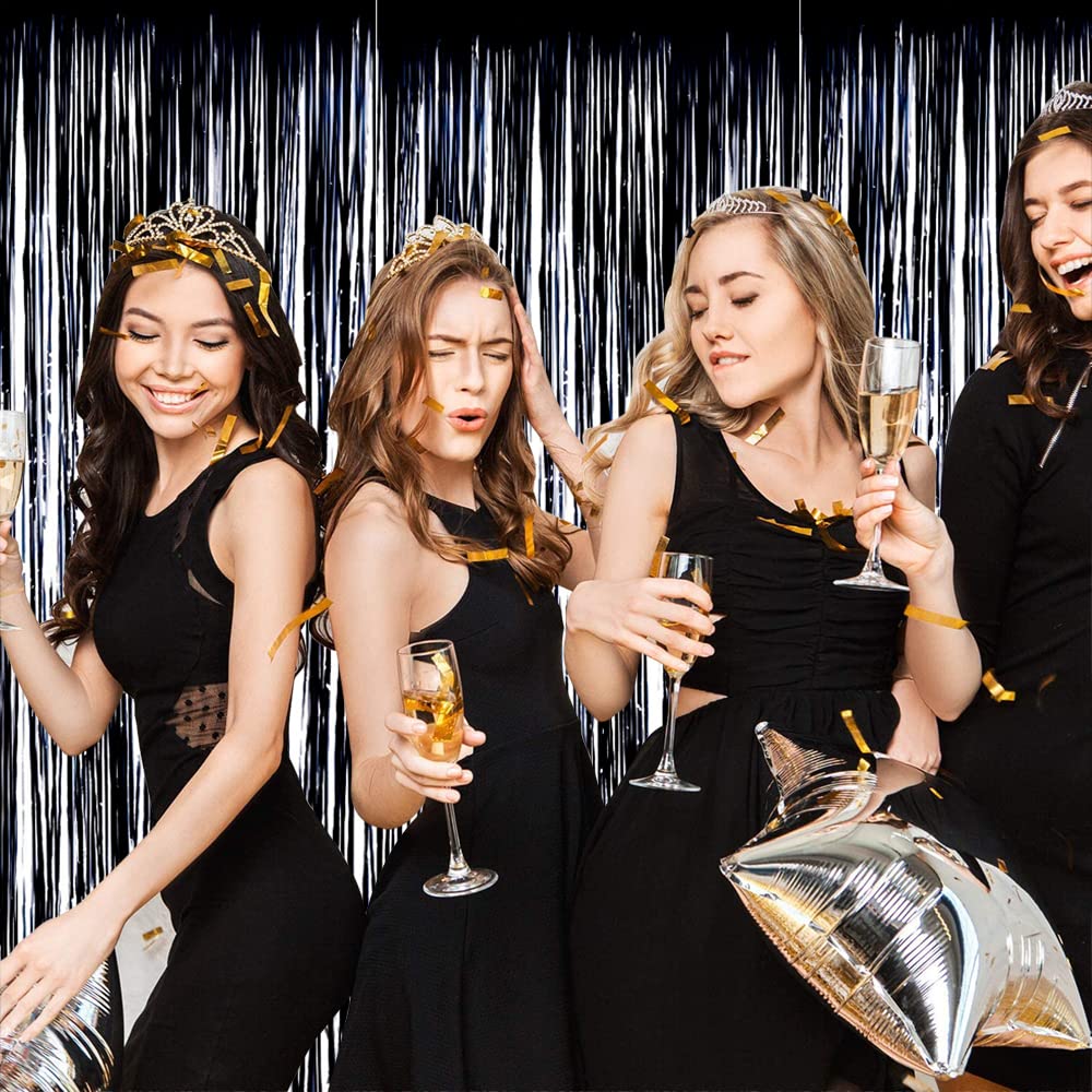 Beishida 4 Pcs Black Door Streamers Tinsel Curtain Party Streamers Backdrop Fringe Foil Wall Background For Birthday Halloween C