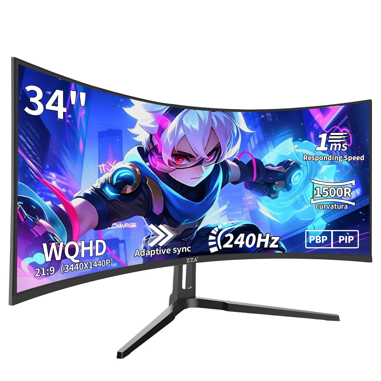 ZZA 34 Inch Curved Gaming Monitor, 3440x1440 UltraWide WQHD 240Hz, 1ms, Adaptive-Sync, HDR Display, 1500R, Bezel-Free Design, Ey