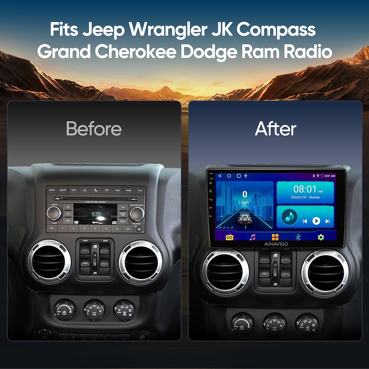 10.2 Inch Car Radio Stereo Upgrade Replacement For Jeep Wrangler Jk Compass Grand Cherokee Dodge Ram With Wireless Carplay/Andro