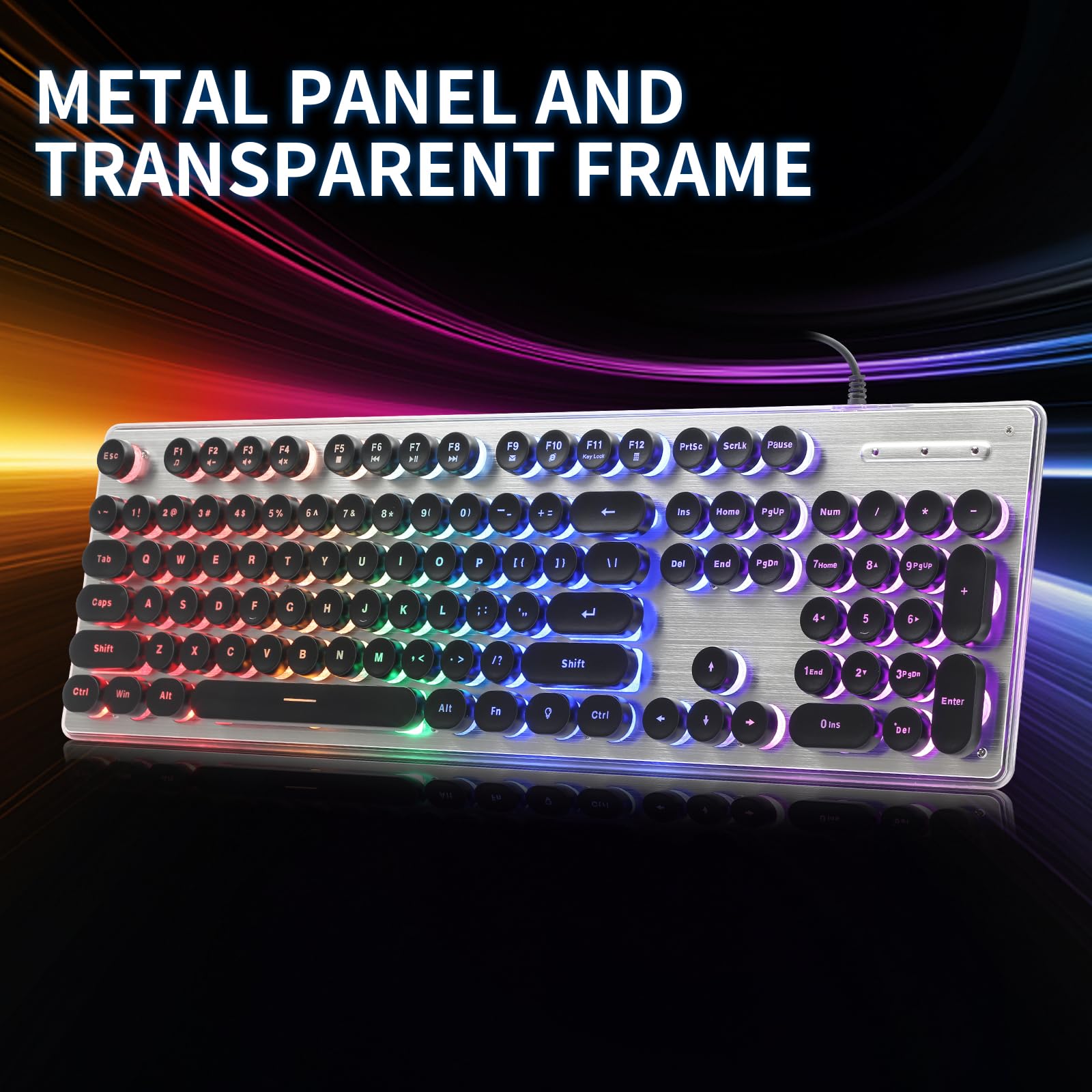 Answk Typewriter Style Gaming Keyboard With Metal Panel, Rainbow Led Backlit, Round Keys, Anti Ghosting, Spill Resistant, Light