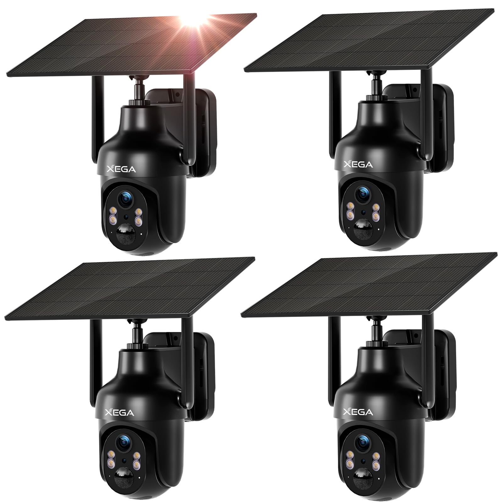Xega 4 Pack Security Camera Wireless Outdoor, 2K Ptz Camera Wifi Surveillance Rechargeable Battery With Solar Panel, Color Night