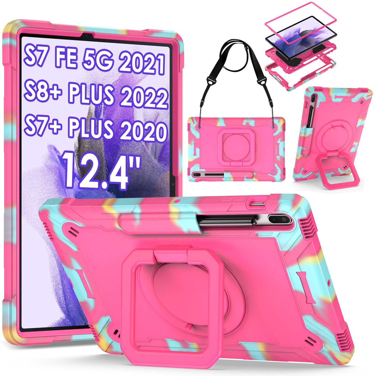 Detuosi 360 Rotating Hybrid Case For Samsung Galaxy Tab S7 Fe 5G/ S8+Plus/ S7 Plus 12.4'' With S Pen Holder & Shoulder Strap, 36