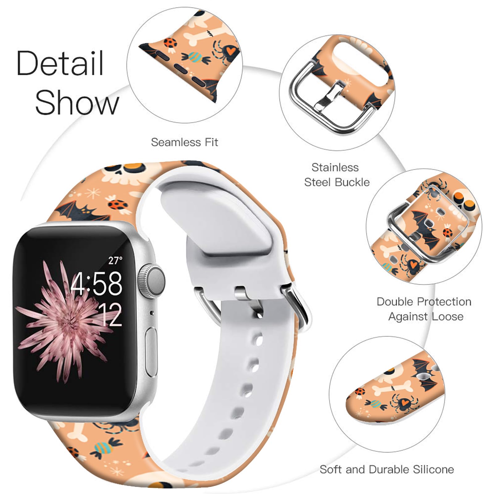 Ftfcase Fall Halloween Floral Silicone Bands Compatible With Apple Watch 41Mm 40Mm 38Mm, Skeleton Bat Flower Sport Strap Replace