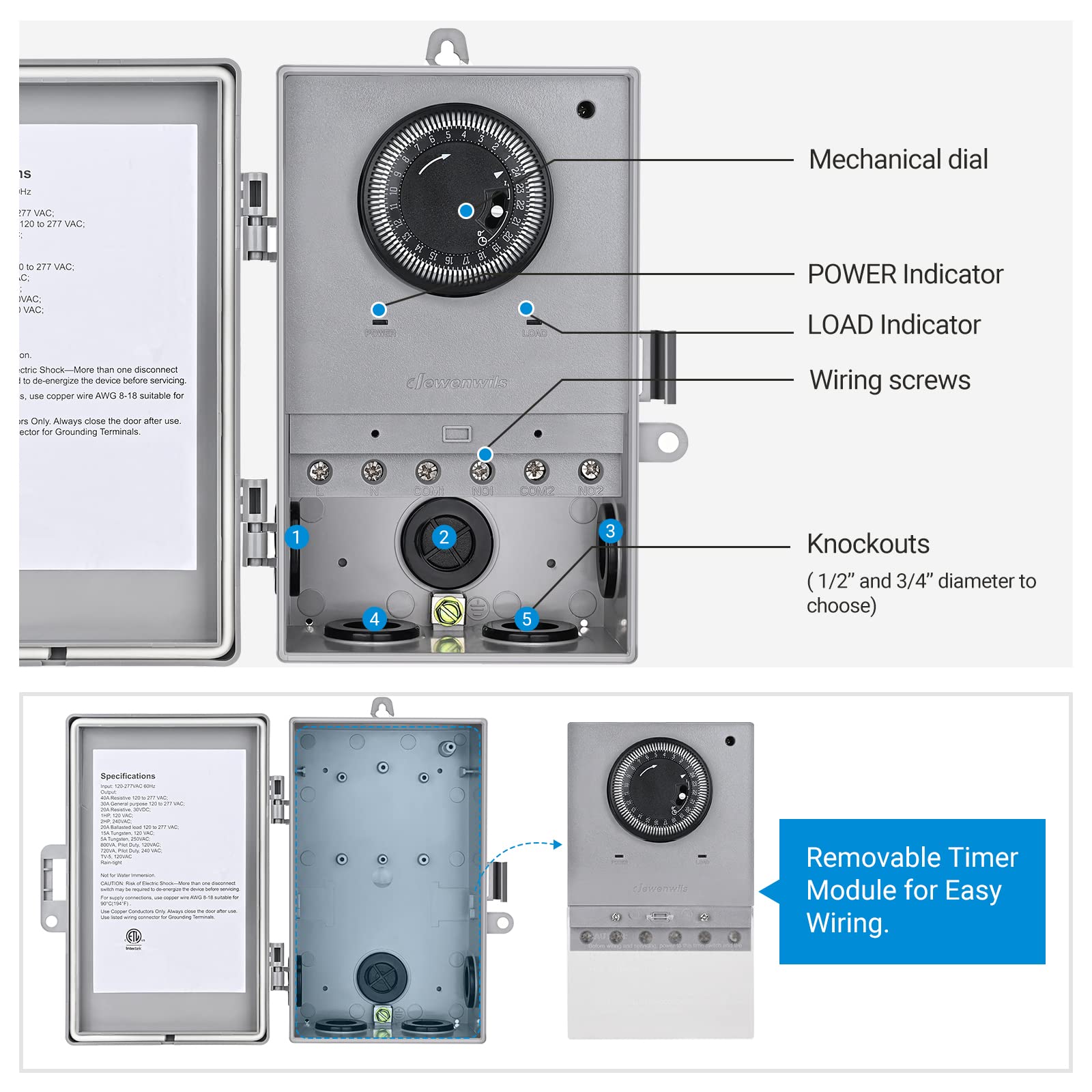 Dewenwils Pool Pump Timer, Mechanical Timer Box Outdoor, Heavy Duty 2Hp 40A 120 277 Vac, 24 Hour Programmable On/Off Timer Switc
