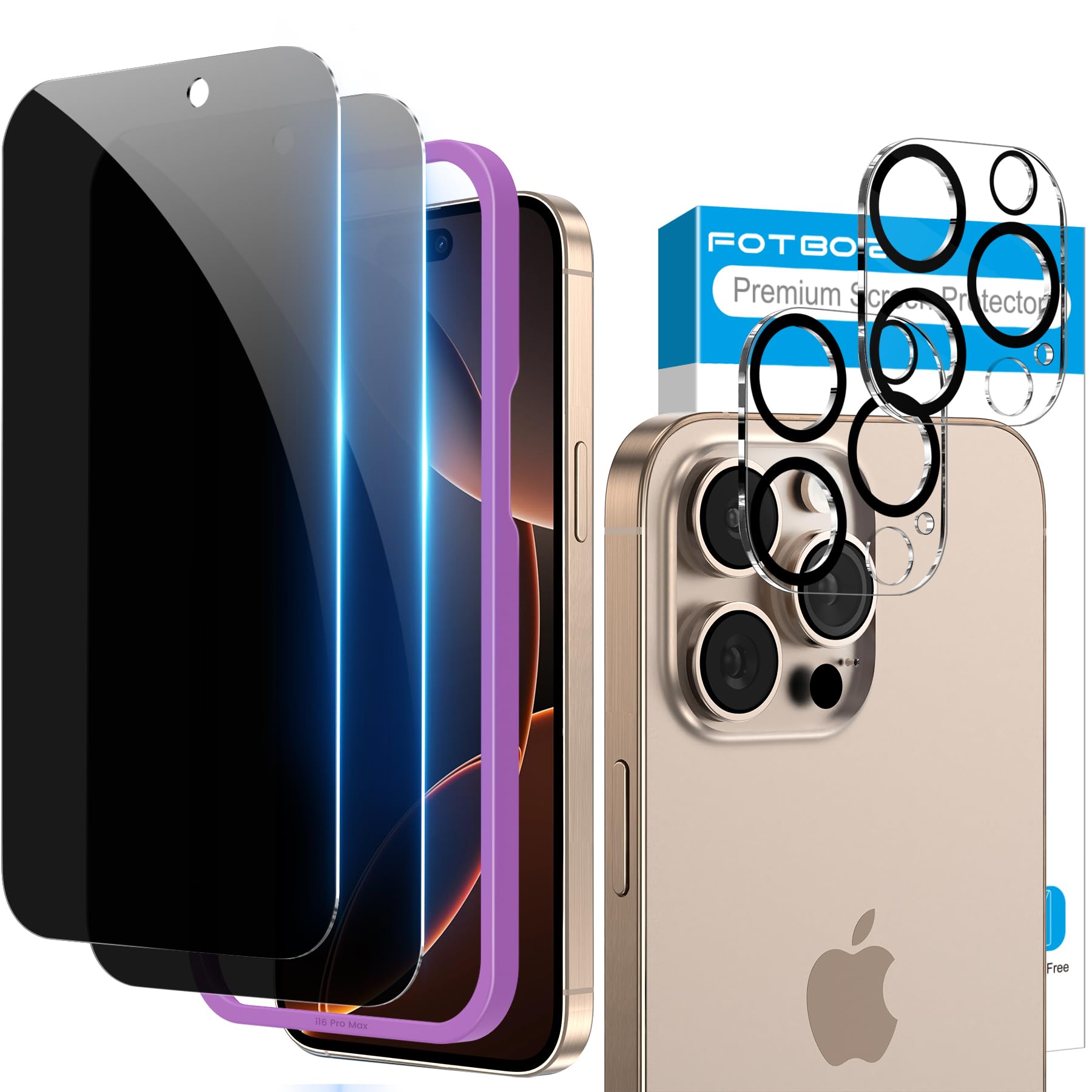 Fotbor For 2Pack Iphone 16 Pro Privacy Screen Protector With 2Pack Camera Lens Protector, Anti Spy 9H+ Tempered Glass With Easy