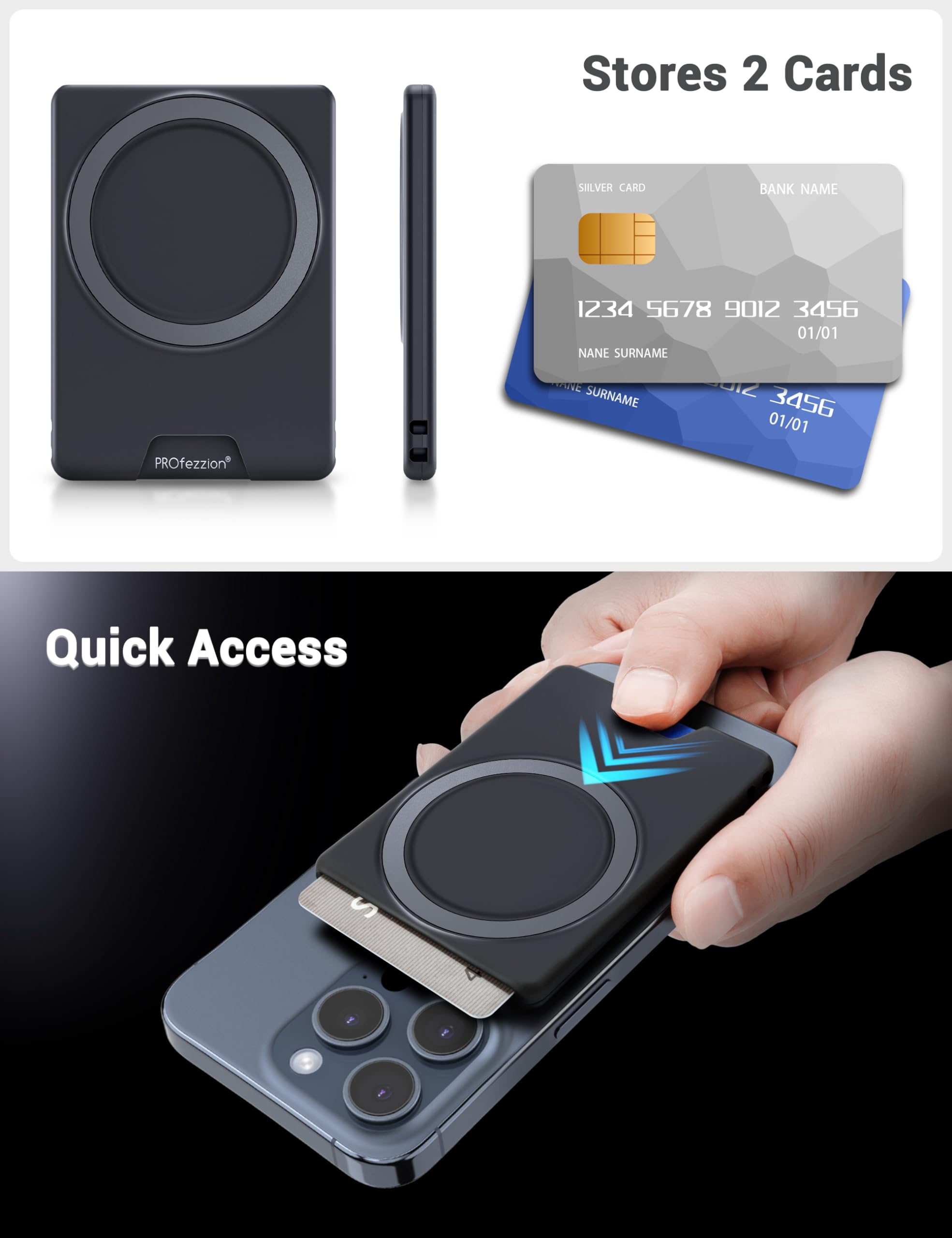 Profezzion Double Sided Magnetic Phone Wallet, Anti-Slip Durable Plastic Card Holder 2-Cards Designed For Magsafe Compatible Wit