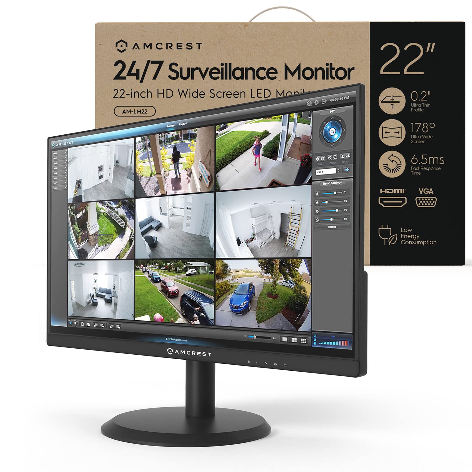 Amcrest 24/7 Surveillance Video Monitor Screen, 22 inch PC Computer NVR/DVR Monitor, 1080p FHD 60Hz with HDMI VGA, Micro Bezel D