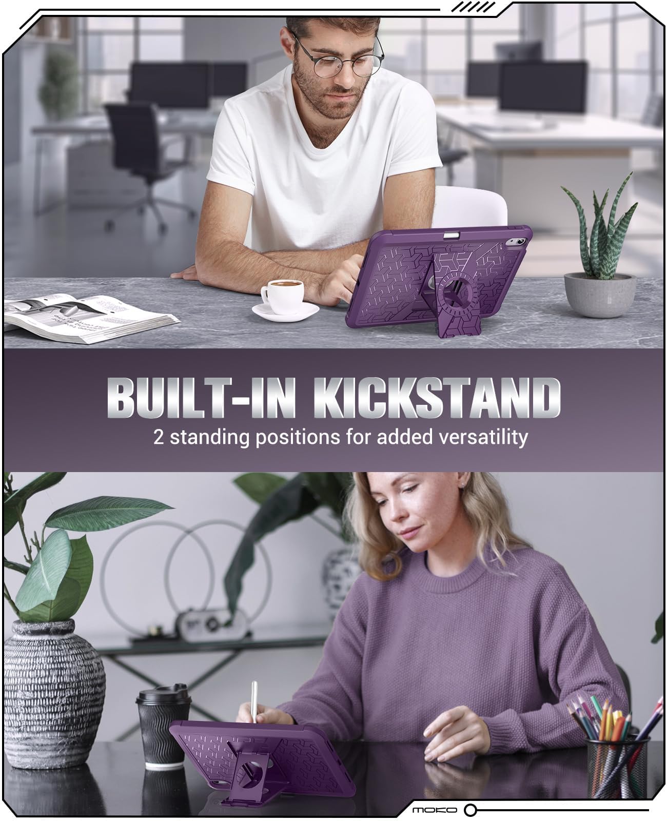 MoKo For iPad Air 5th/4th Gen 2022/2020,iPad Air 6th Generation 11 Inch Case M2 2024,Heavy Duty Shockproof Full Body Cover with Built in Screen Protector & Pencil Holder for iPad Air 6/5/4,Dark Purple