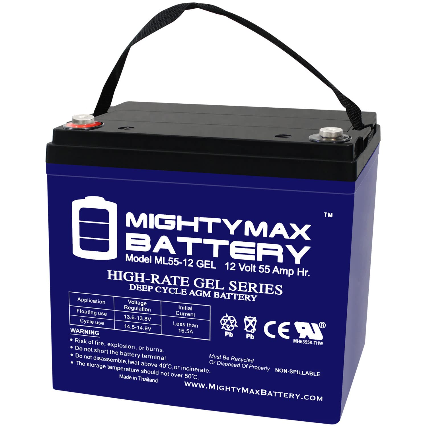Mighty Max Battery Ml55 12Gel  12 Volt 55 Ah, Gel Type, Internal Thread (Int) Terminal, Rechargeable Sla Agm Battery