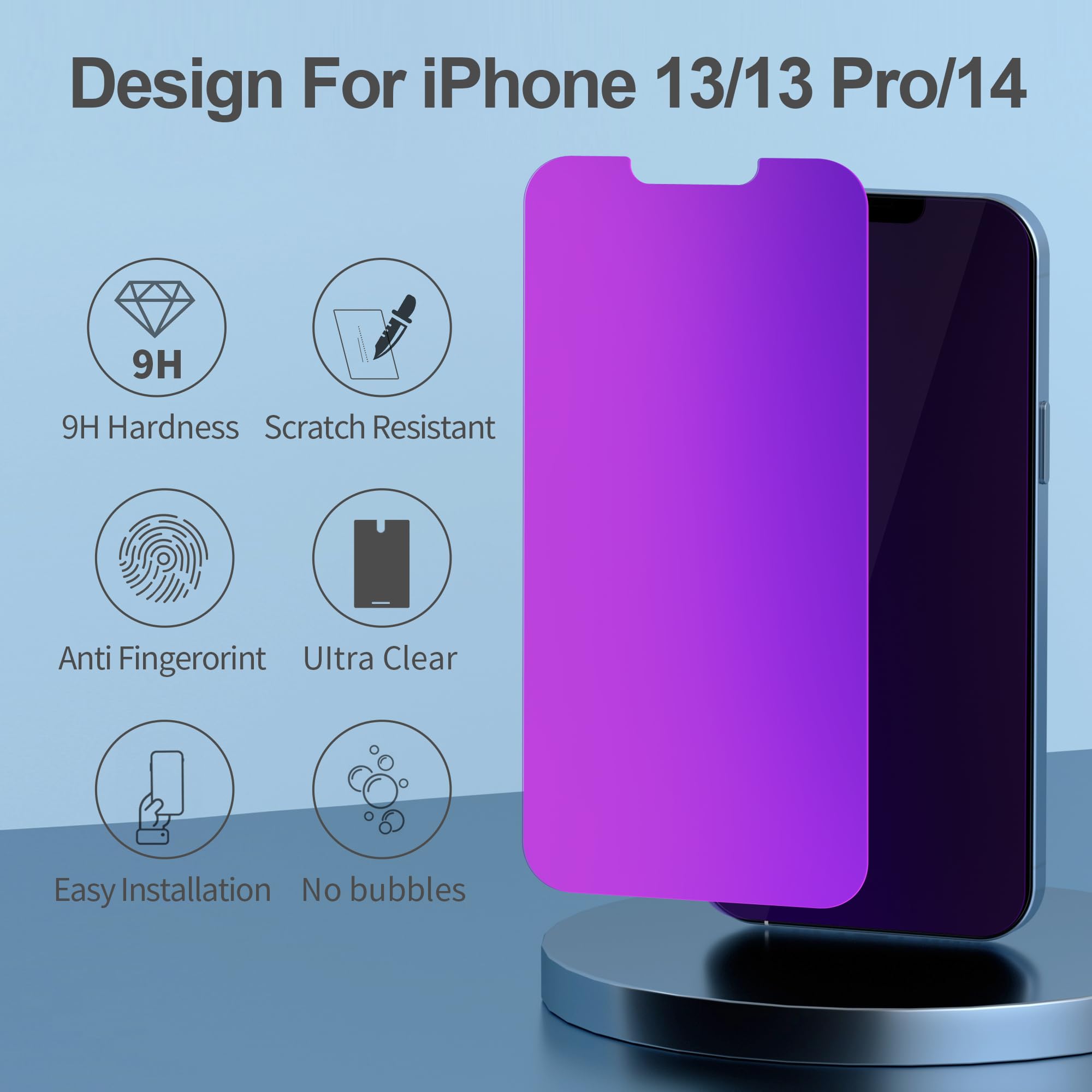 PDDKISS Privacy Screen Protector for iPhone 13/14/13 Pro, 6.1 HD Tempered Glass, Purple Anti-Spy, Easy Installation