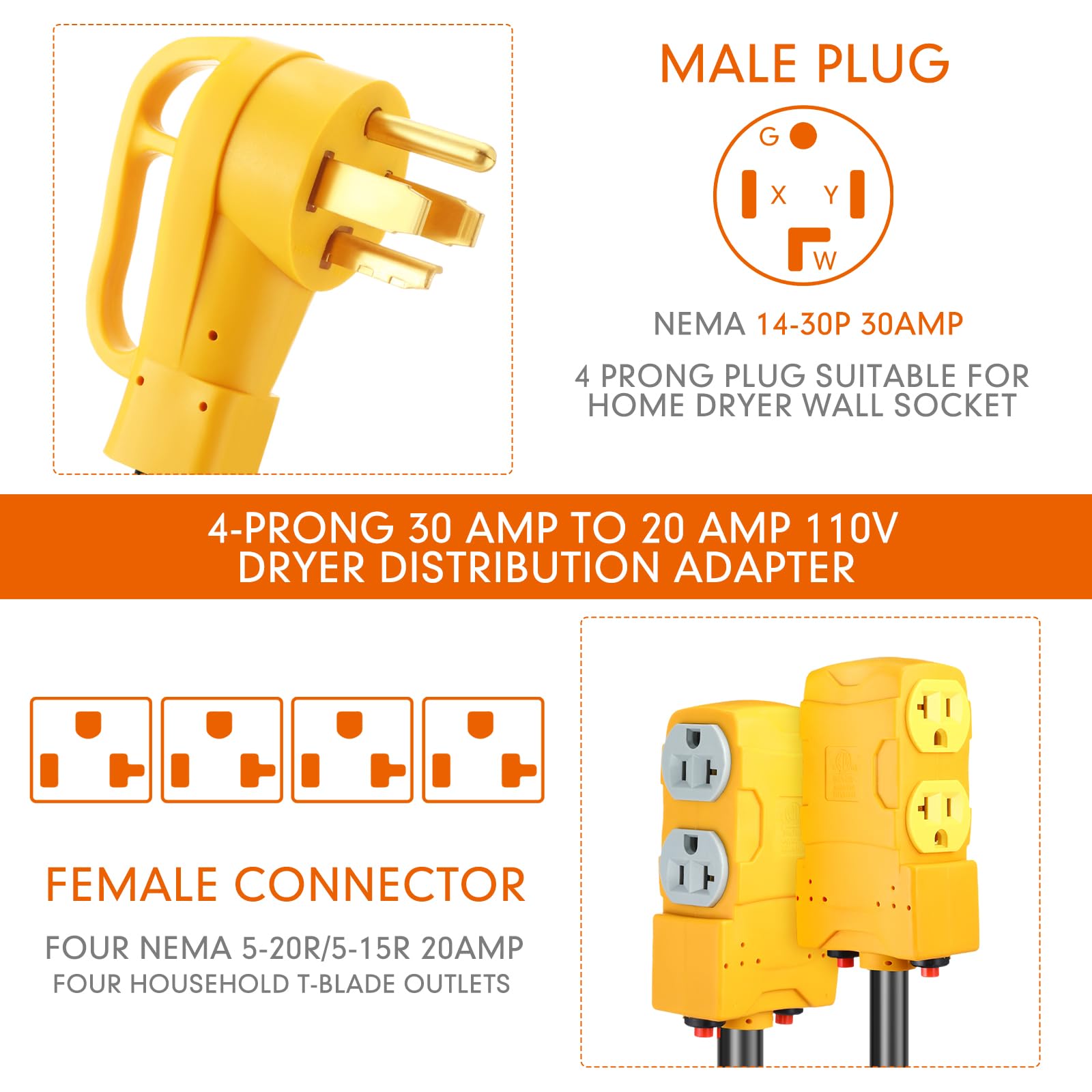 Kanayu 1.8 Ft 30 Amp To 20 Amp 110V Dryer Distribution Adapter Compatible With Nema 14 30P To Nema 4X 5 20R/ 5 15R, 4 Prong Drye