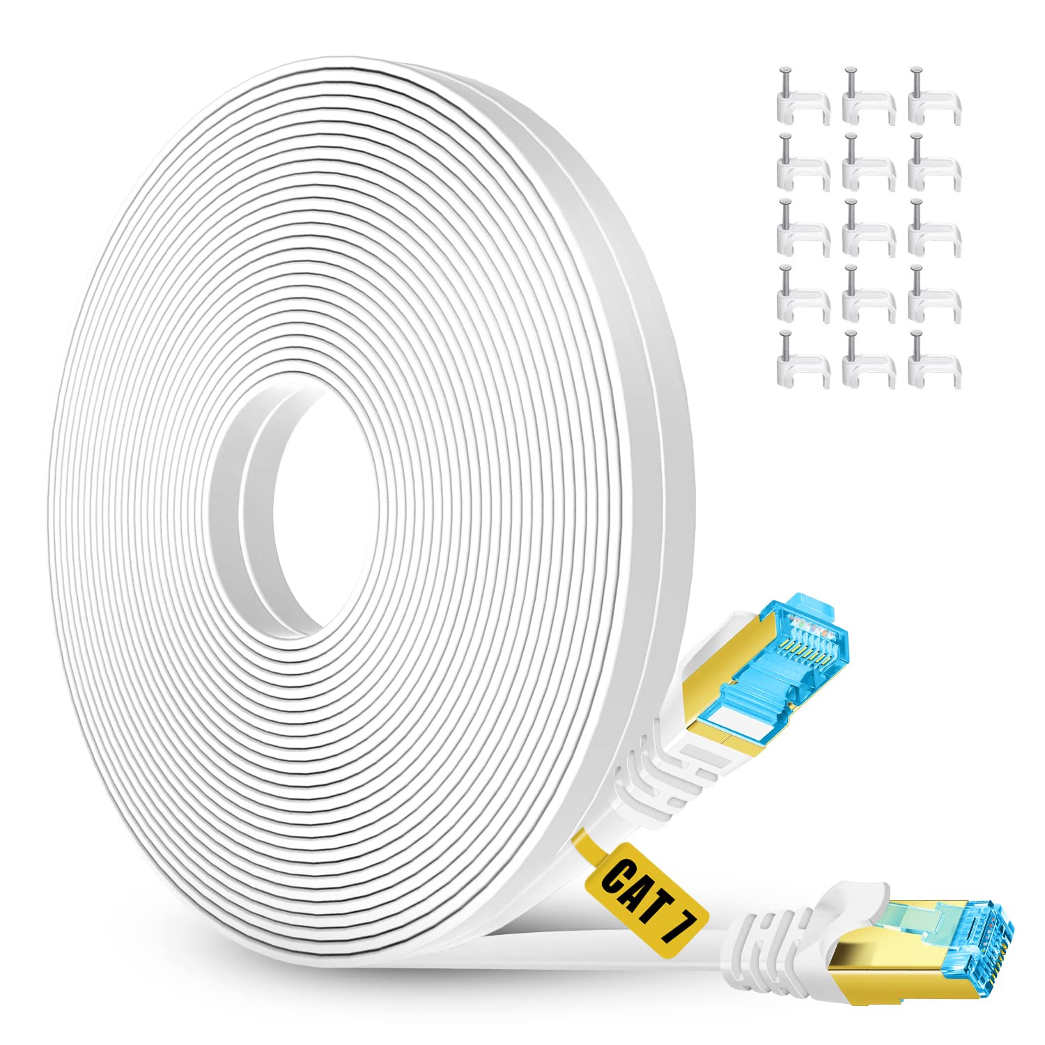 Cat 7 Ethernet Cable 100 Ft,High Speed Shielded Solid Flat Long Cable With Rj45 Connectors Computer Internet Lan Network Patch Cord For Router, Modem   Faster Than Cat5E/Cat5/Cat6 100 Feet White