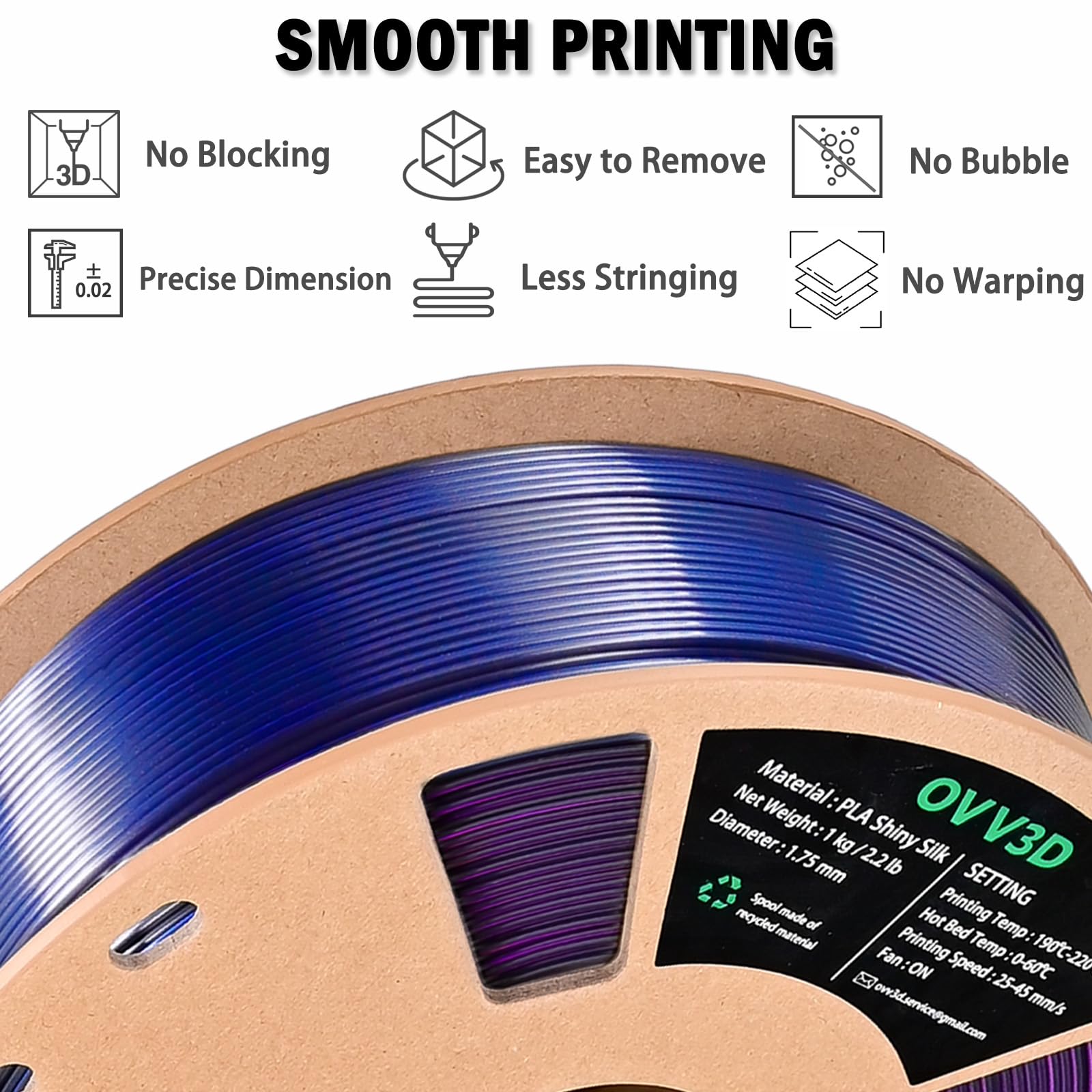 Ovv3D Pla Filament 1.75Mm Tri Colors, 3D Printer Filament Silk Pla Filament, Rainbow Pla Filament With Silk Pla Black Blue And P