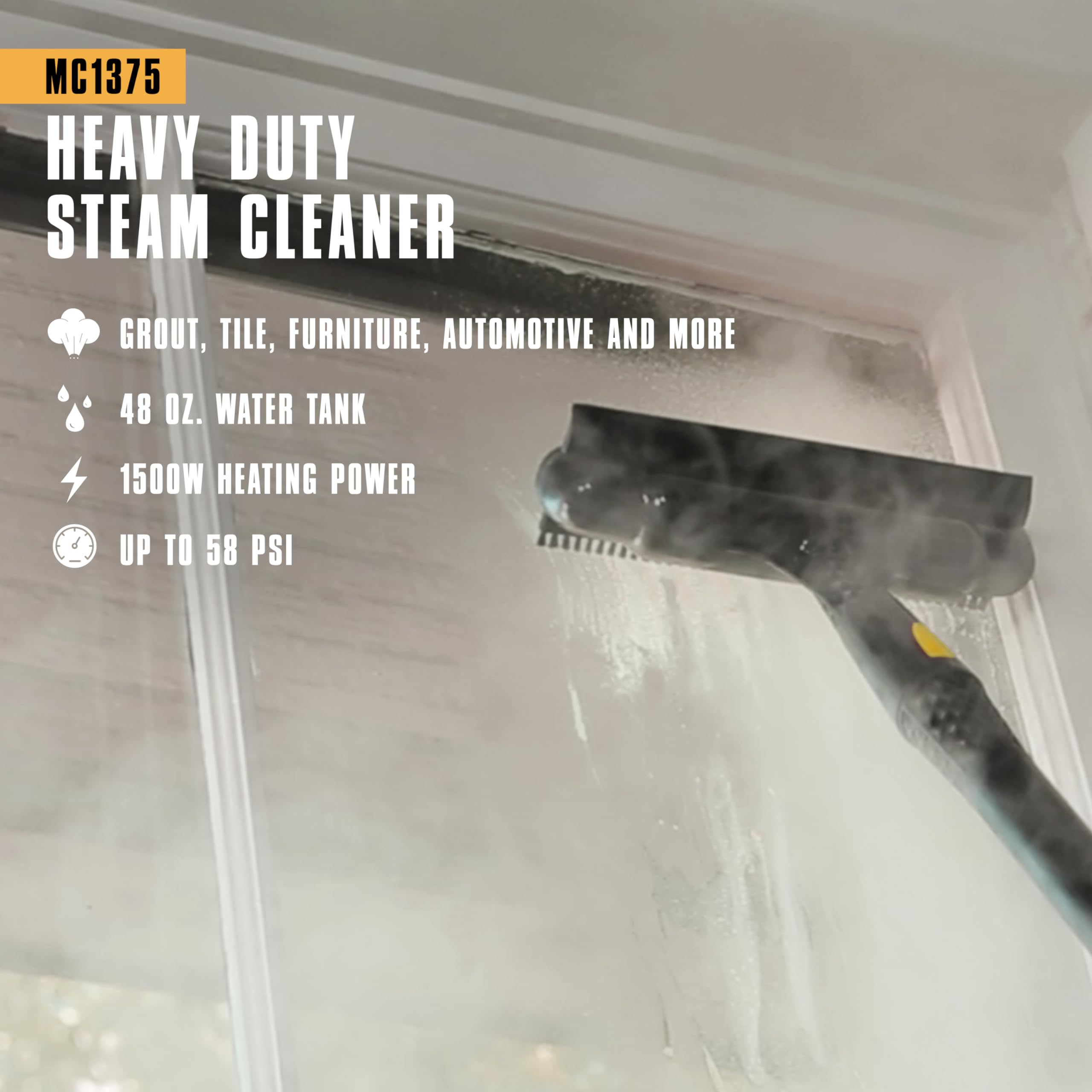 McCULLOCH MC1375 Canister Steam Cleaner - 90 Min Runtime, 20 Accessories, Black, Ideal for Home, Tile, Grout, Carpet, & Car Detailing