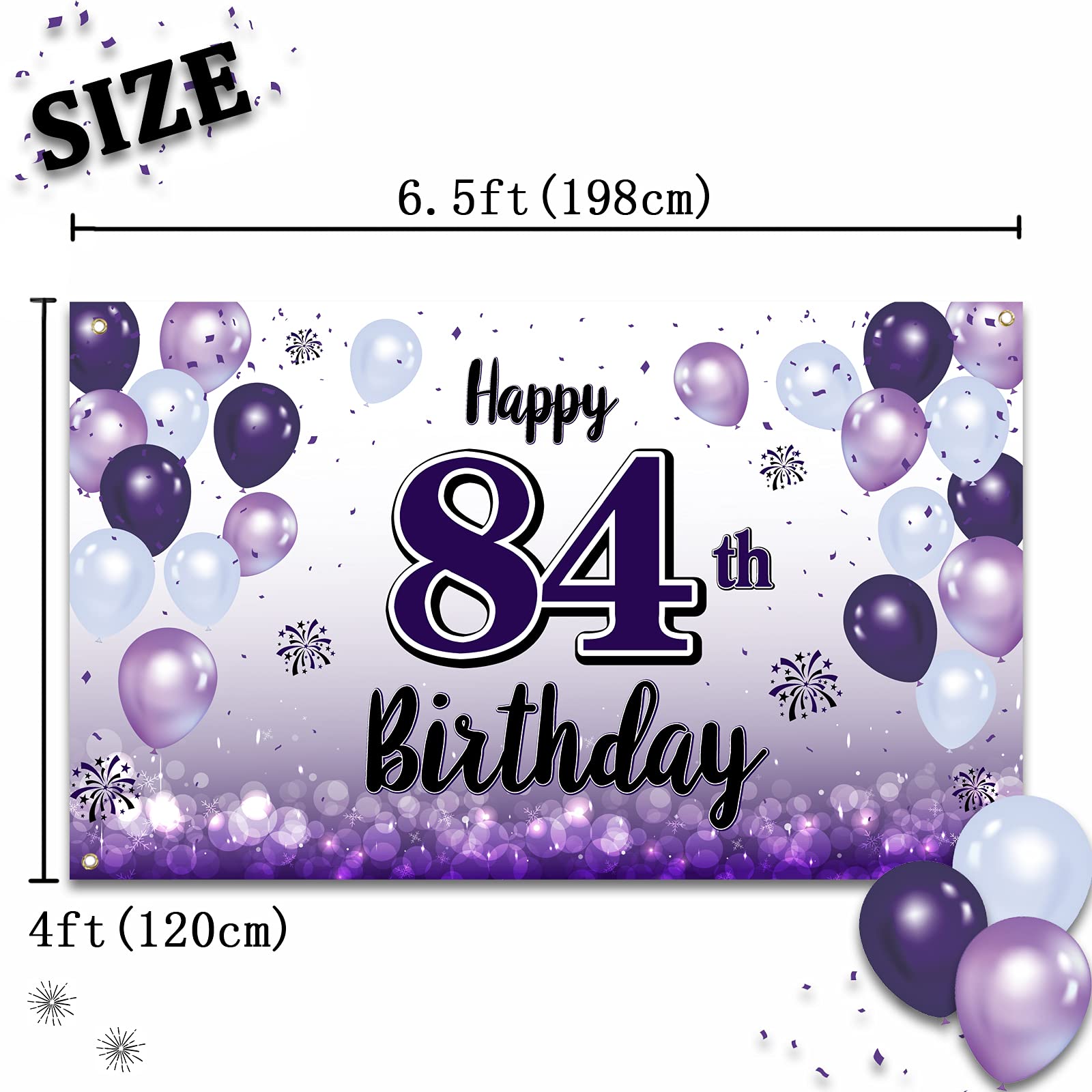 Laskyer Happy 84Th Birthday Decorations,84Th Purple Balloon Large Birthday Banner Backdrop Sign,84 Years Old Bday Party Supplies