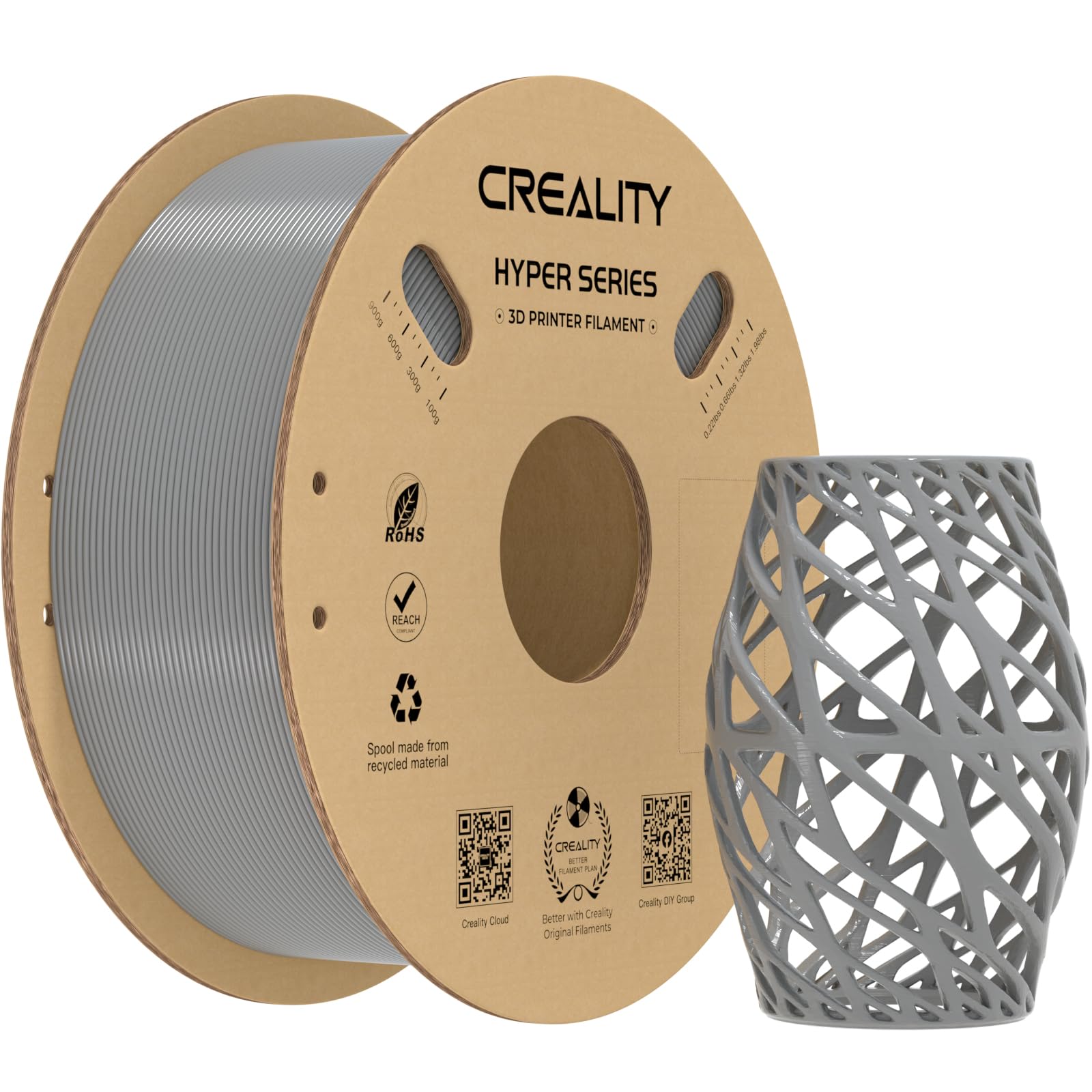 Creality Grey PETG Filament 1.75mm for K1 Max, 3D Printer Filament Designed for High Speed 30-600mm/s, 1kg(2.2lbs)/Spool Hyper P