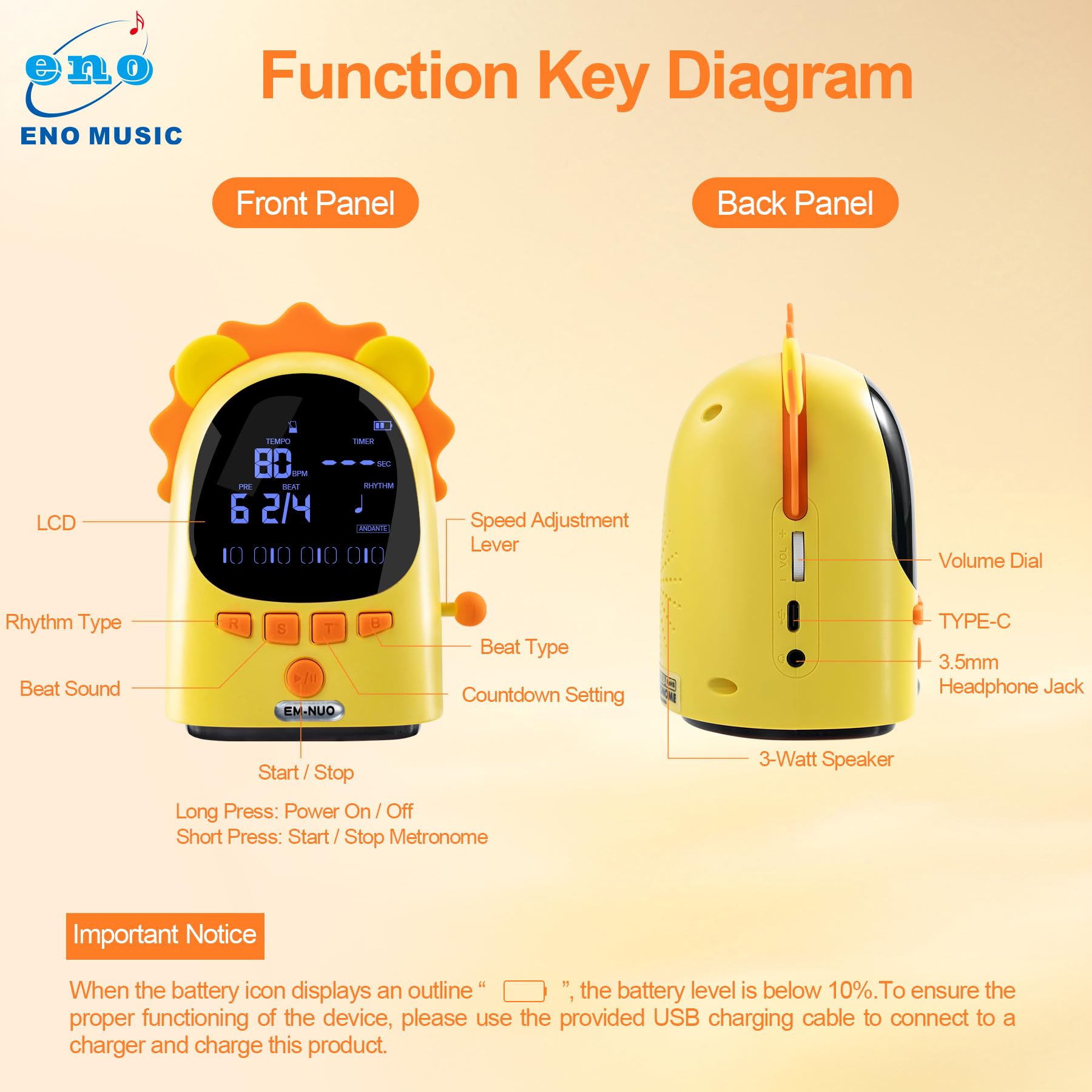 Eno Music Easy Control Cute Cartoon Electric Metronome For Acoustic Guitar Violin Ukulele Players With Big Sound