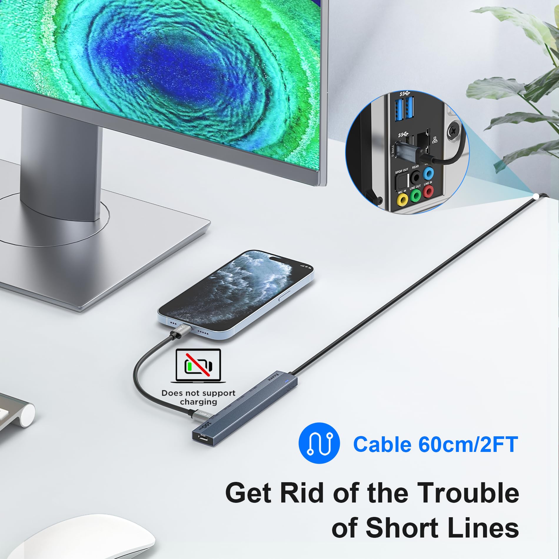 Aceele Usb C Hub 10Gbps, 4 Port Usb 3.2 Gen 2 Hub, Usb C To Usb C Hub With Type-C Power Port, 2Ft Extension Long Cable Usb C Ada