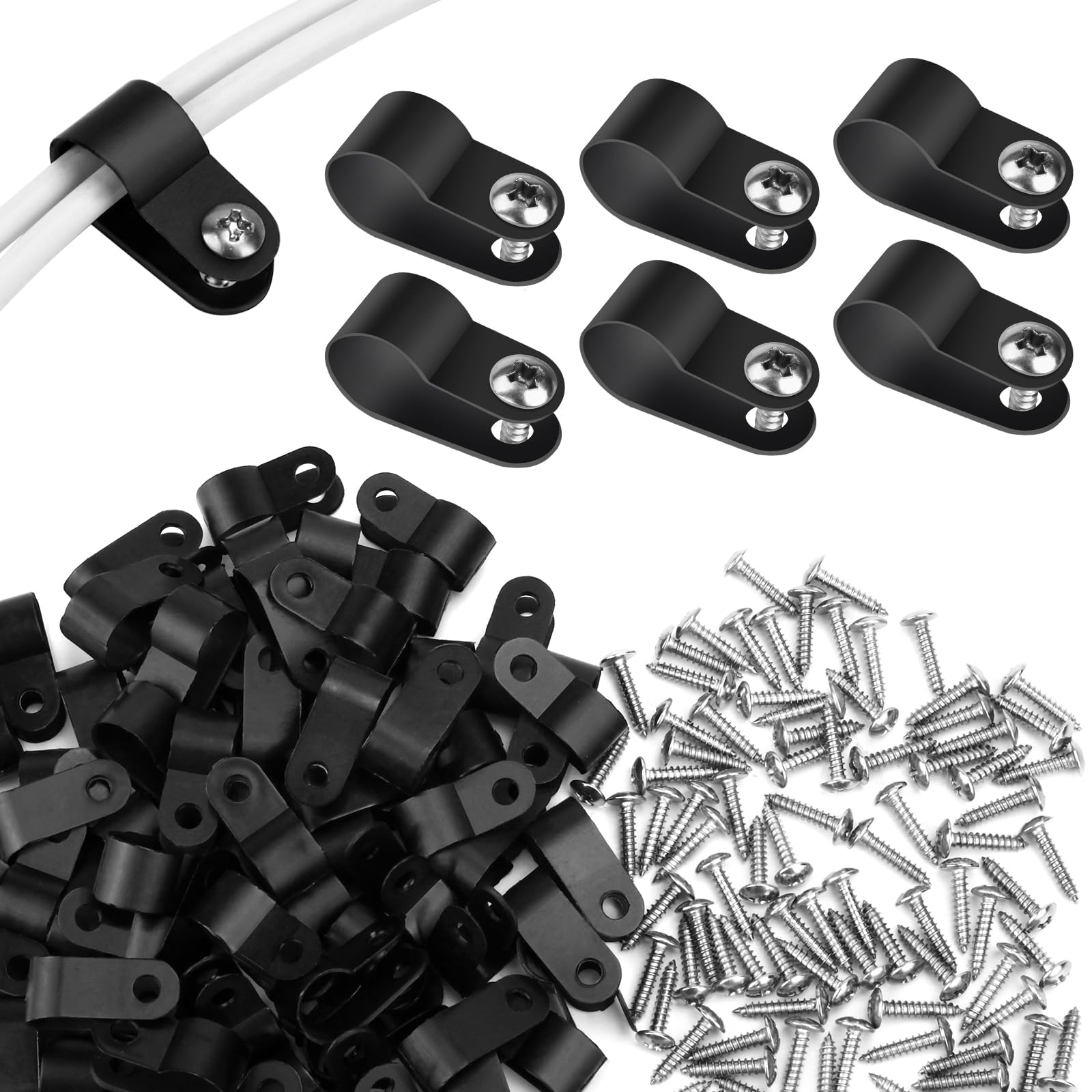 Rgbzone 120Pcs 3/8 Inch Black R Type Cable Clips With Screws, Nylon Plastic Wire Clips For Indoor Outdoor Electrical Wire Cord M