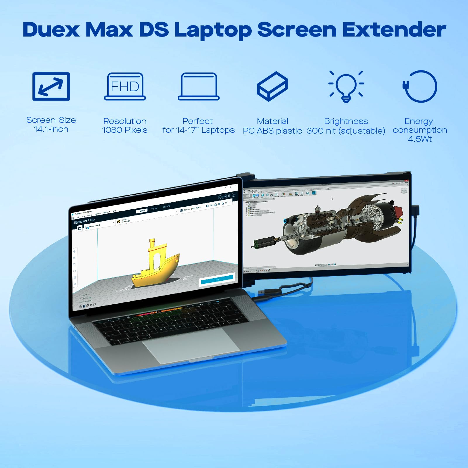 New Mobile Pixels Duex Max Ds Portable Monitor, 14.1 Fhd 1080P Ips Ultra Slim Laptop Screen Extender, Usb A/Usb C/Hdmi Plug And