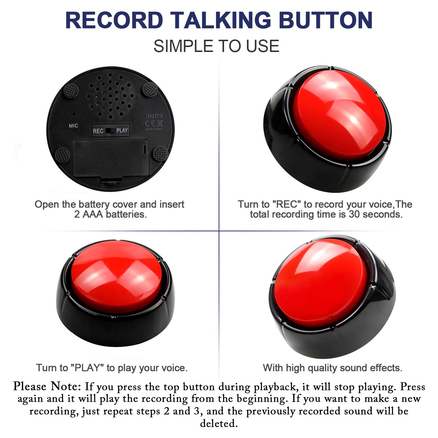 Cover Custom Record Talking Button Pet Button Easy Button Sound Button Recordable Recordable Button, Dog Training Buzzertalking