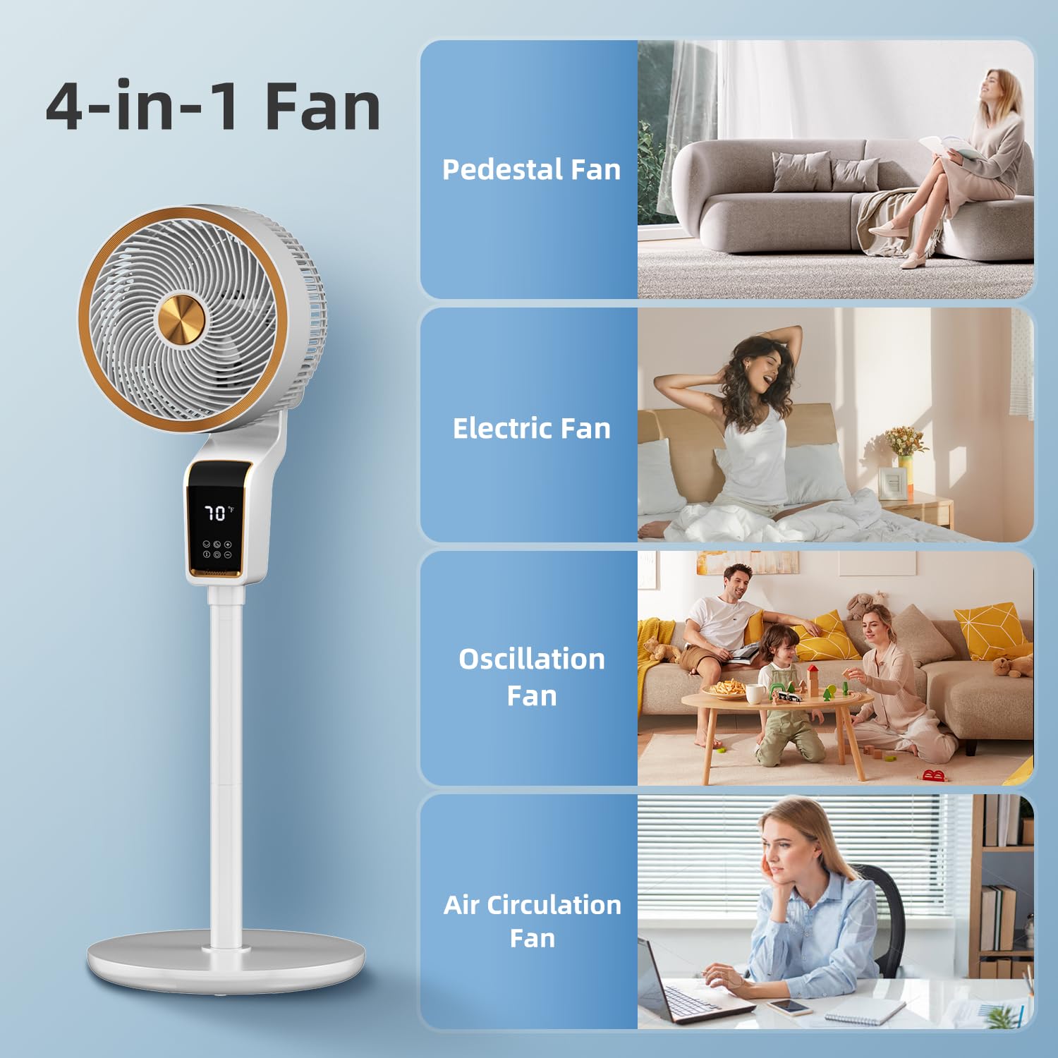 Feculs Official Standing Fan With Remote, Fans Oscillating With 12H Timer, 3 Speeds, Temperature Display, 36-50Db Floor Fans For