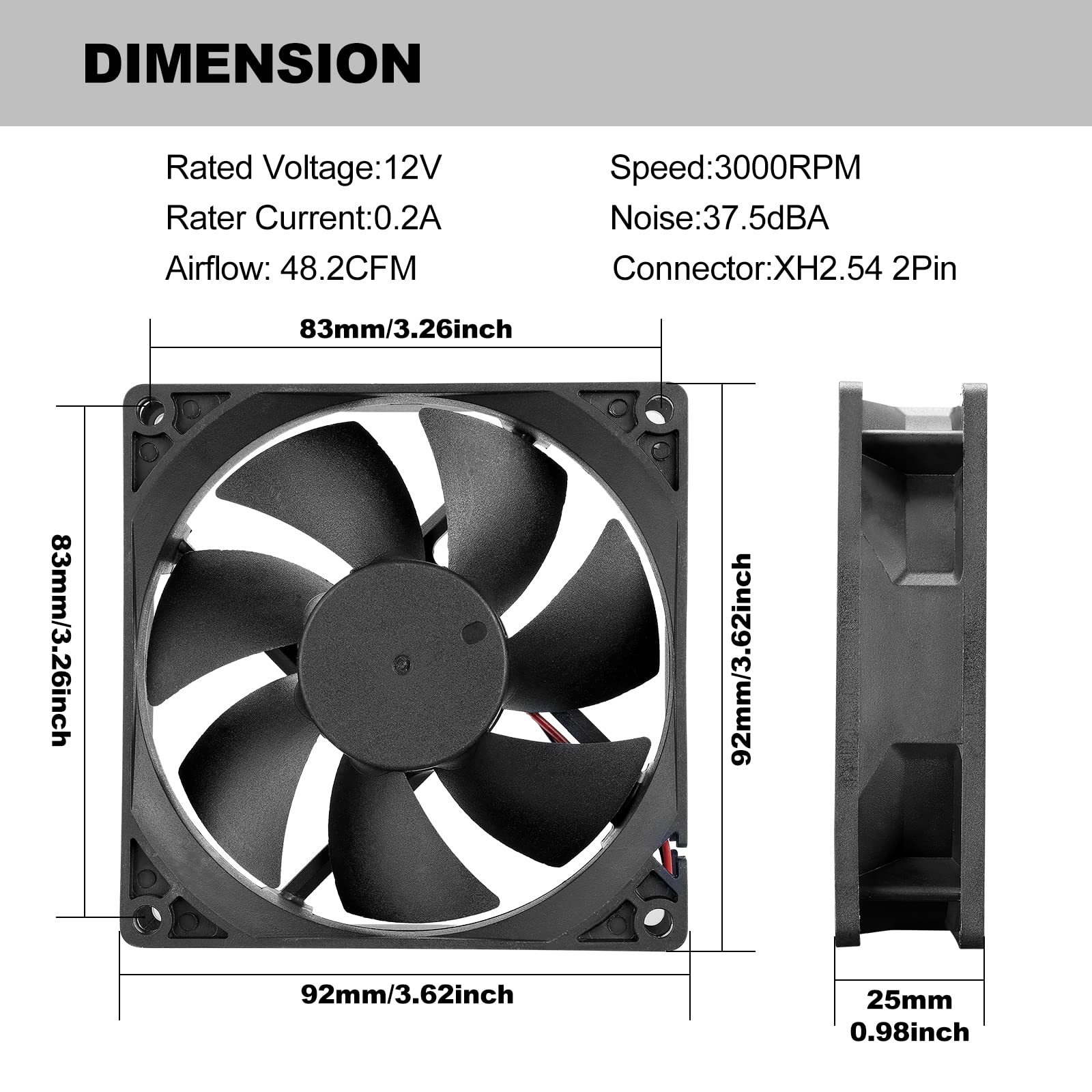 92Mm 90Mm 12V Dc Moisture Proof Fan High Airflow 12V 9025 2 Pin 2 Wire Small Square Exhaust Fan 3000Rpm 2 Pack