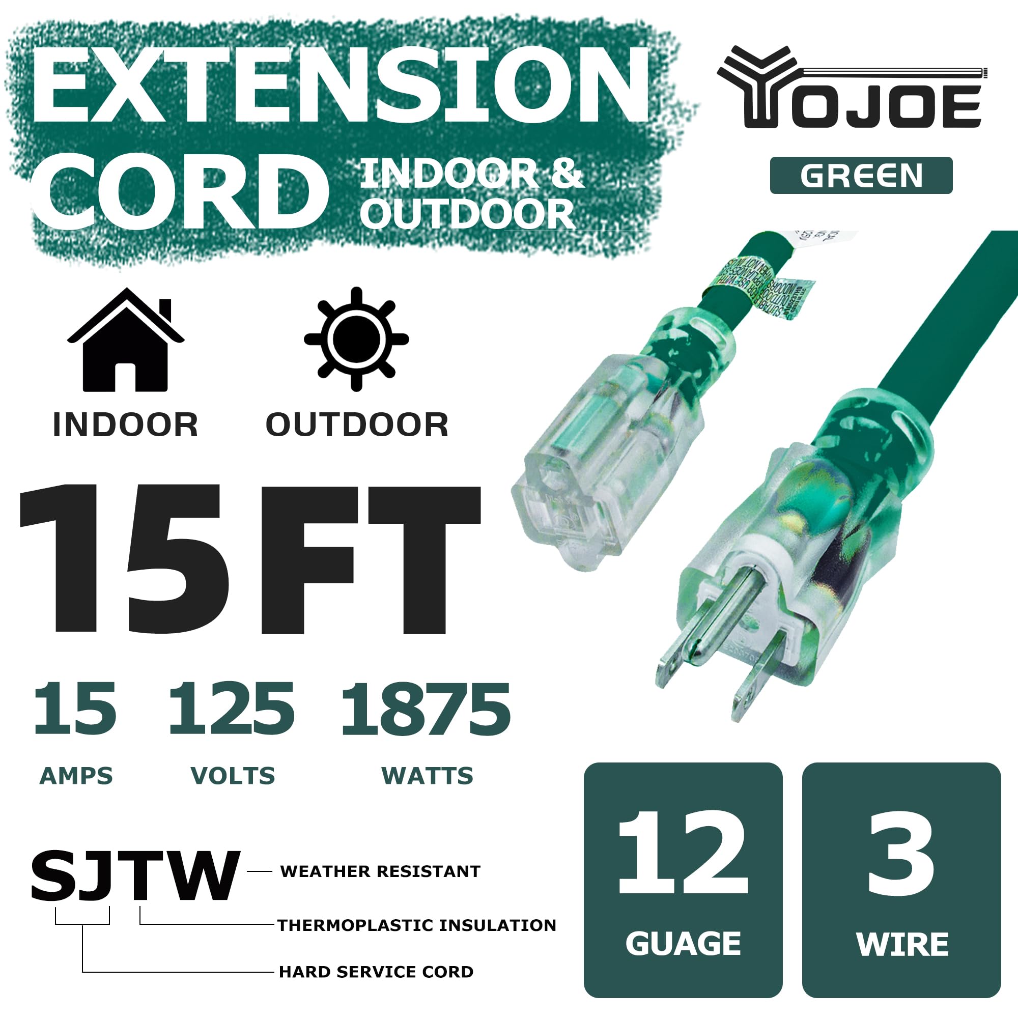 Yojoe Indoor Outdoor Extension Cord With Lighted End, 3 Prong 15A Weatherproof Power Extension Cord, 12 Gauge Heavy Duty 15 Ft G