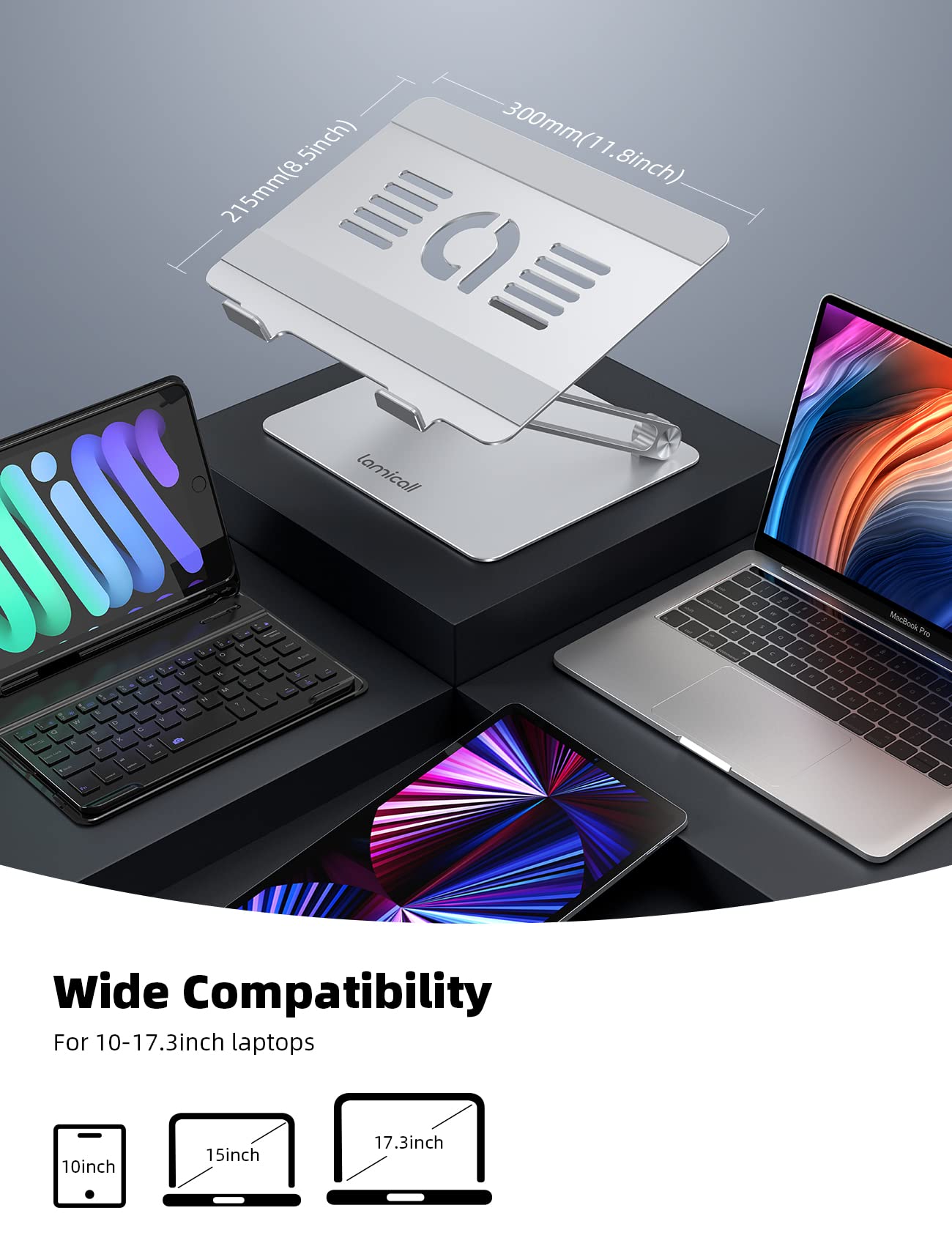 Lamicall Adjustable Laptop Stand, Portable Laptop Riser, Aluminum Laptop Stand for Desk Foldable, Ergonomic Computer Notebook Stand Holder for MacBook Air Pro, Dell XPS, HP (10 17.3'')   Silver