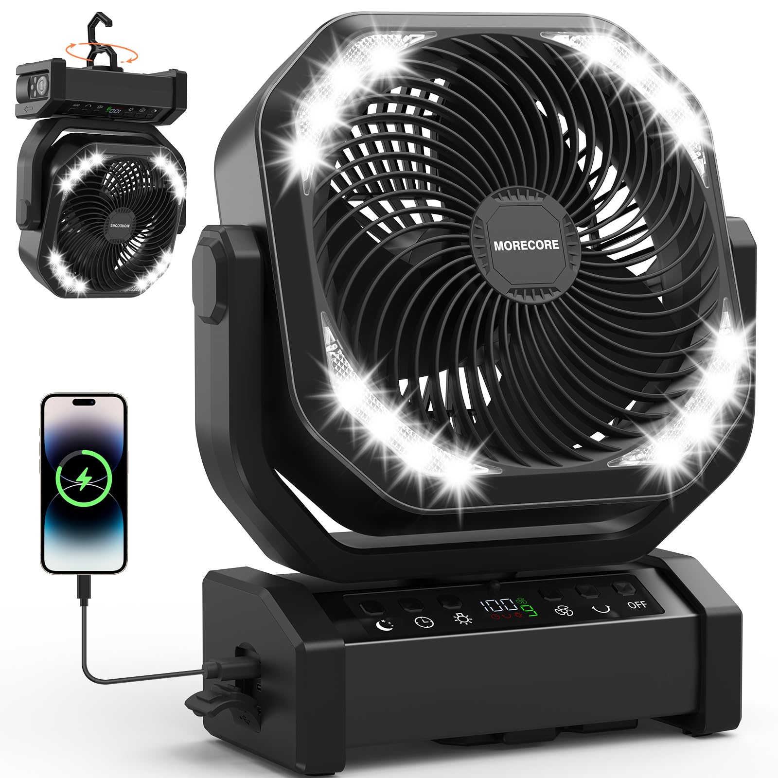 Morecore 20000Mah Rechargeable Camping Fan With Light, 112Hrs Running, 9 Speed, Auto Oscillating, Timer, Led Digital Display, 27