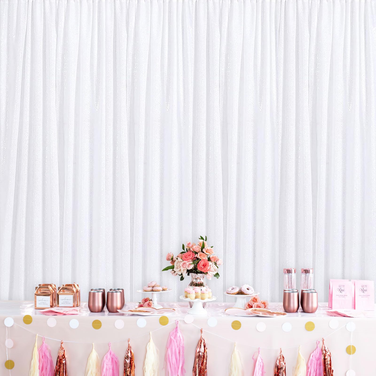 Sparkly Backdrop White Photo Backdground Curtain 3 Pack 2X8Ft Sequin Fabric For Birthday Wedding Baby Shower Christmas Party Dec