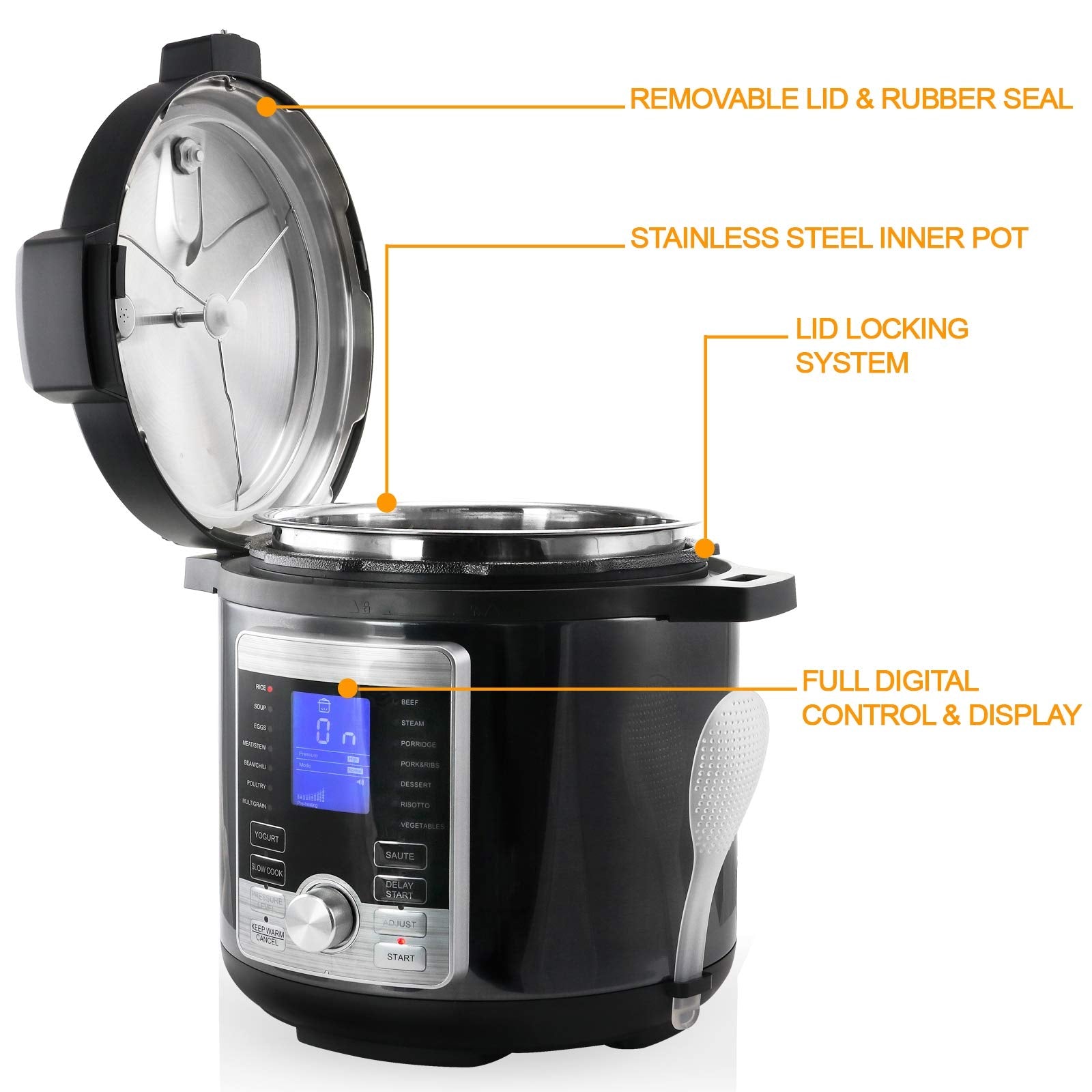 Megachef Electric Stainless Steel Brushed Digital Pressure Cooker With Lid, 6 Quart, Chrome And Black