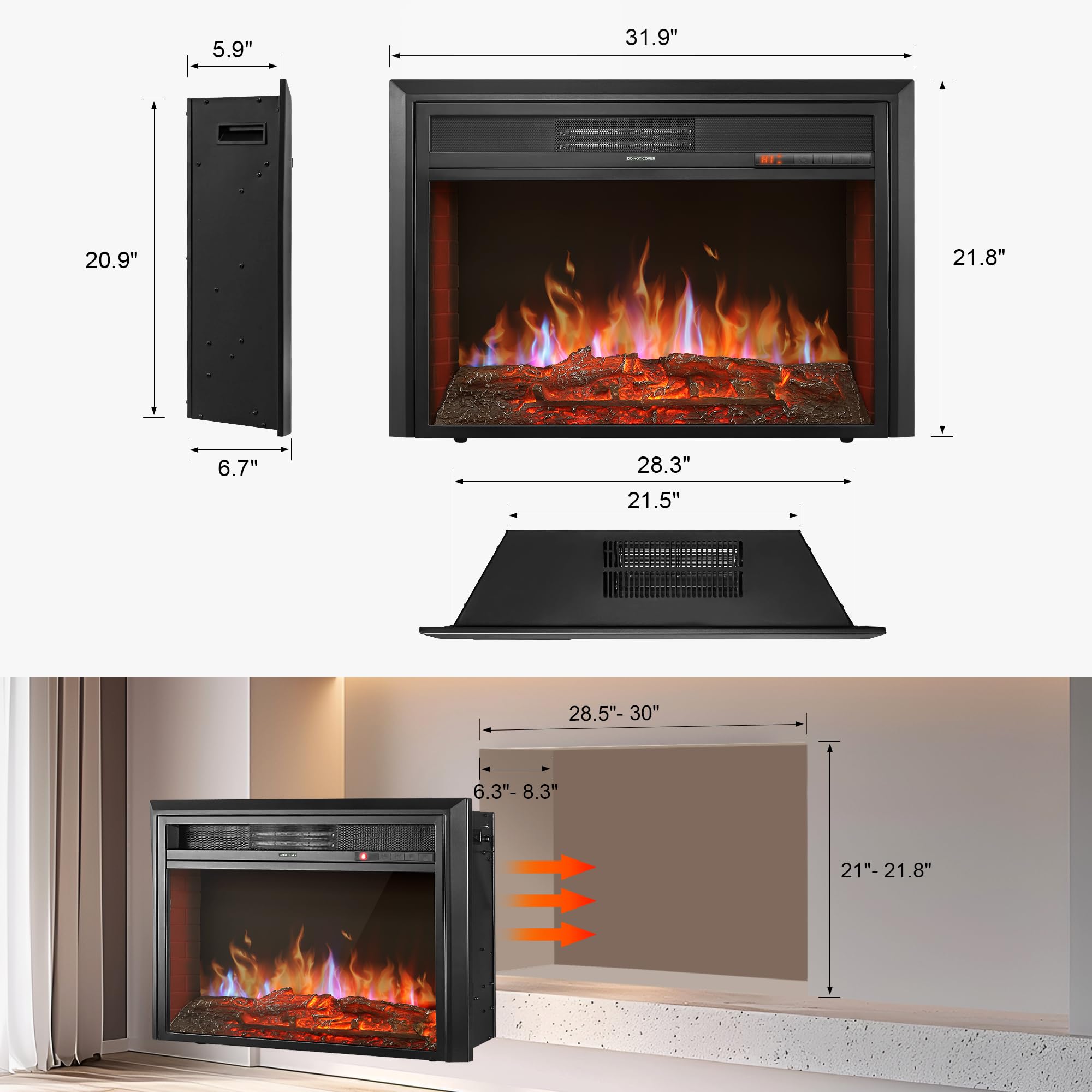 32'' Electric Fireplace Inserts Heater   Recessed Fire Places Electric Fireplace Insert With Remote Control, 8H Timer, 6 Brightn
