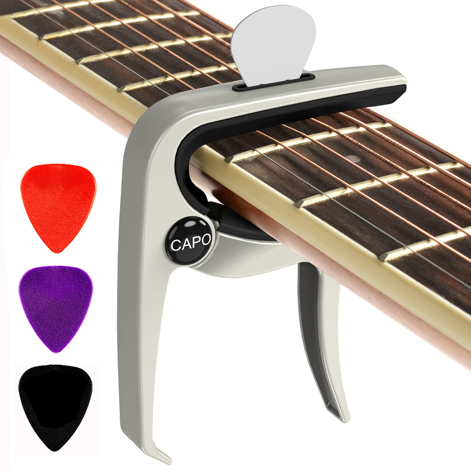 Guitar Capo, Capo For Acoustic Guitar And Electric Guitars, 3In1 Clamp With Picks Holder & Picks For Ukulele, Mandolin, Banjo, G