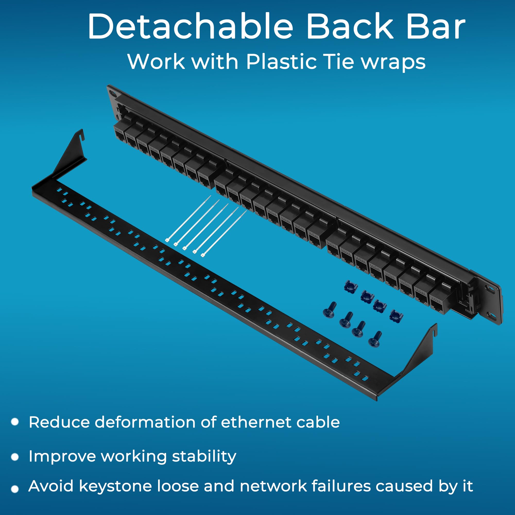 Rapink Patch Panel 24 Port Cat6A With Inline Keystone 10G Support, Pass Thru Coupler Utp 19 Inch With Removable Back Bar, 1U Network Patch Panel For Cat6A,Cat6, Cat5E, Cat5 Cabling