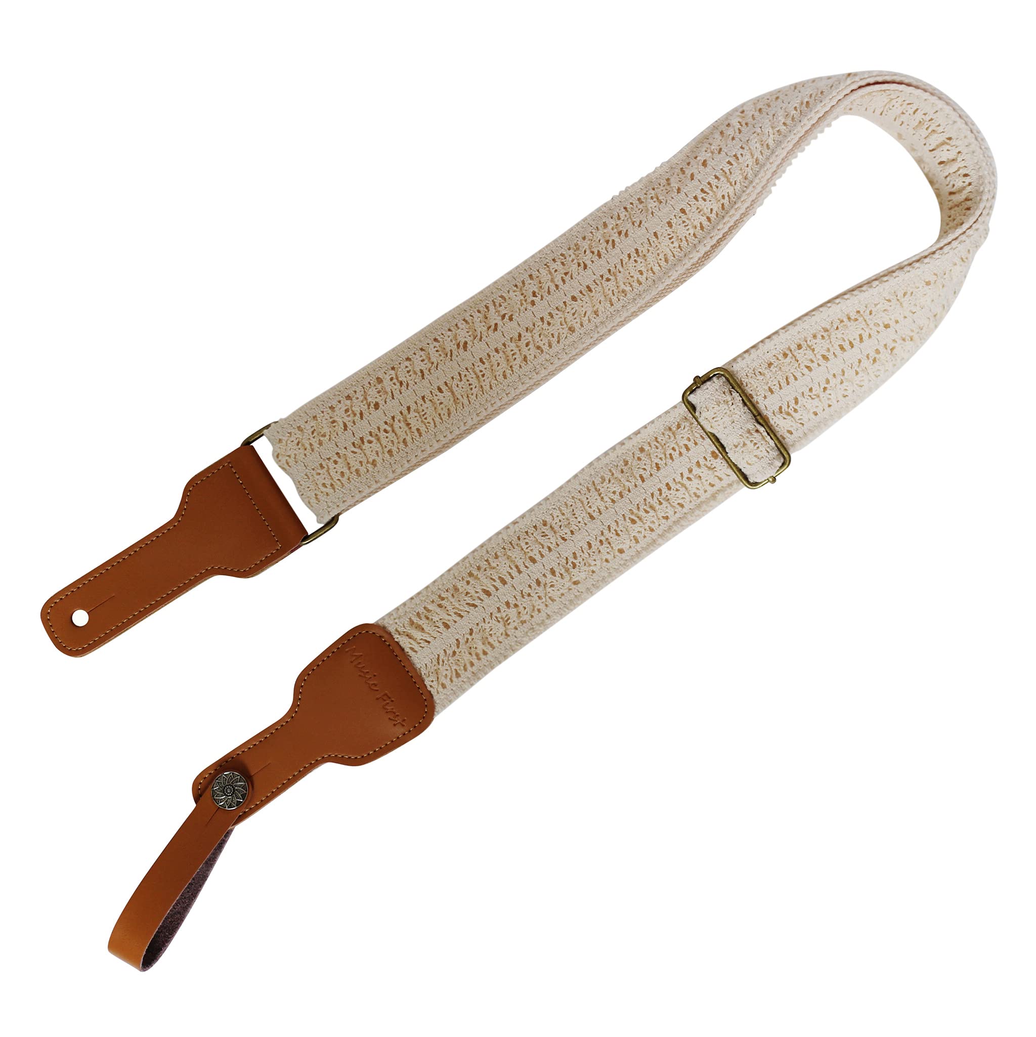 Music First Original Design, 2 Inch Width (5Cm), Cream Graceful & Vintage''Lace'' Soft Lace & Genuine Leather Delux Guitar Strap