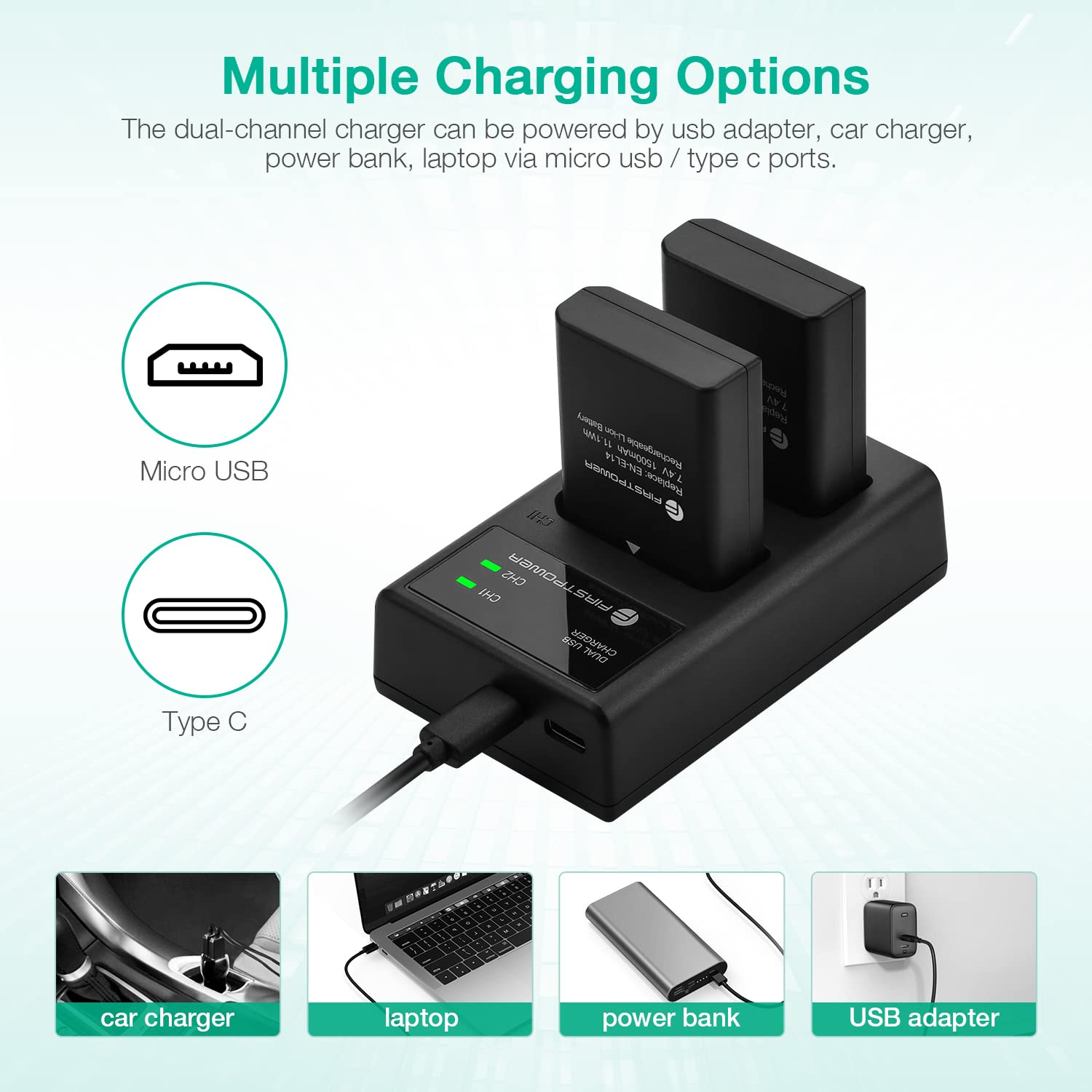 Firstpower En El14/En El14A Battery And Usb Dual Charger Compatible With Nikon D3100 D3200 D3300 D3400 D3500 D5100 D5200 D5300 D