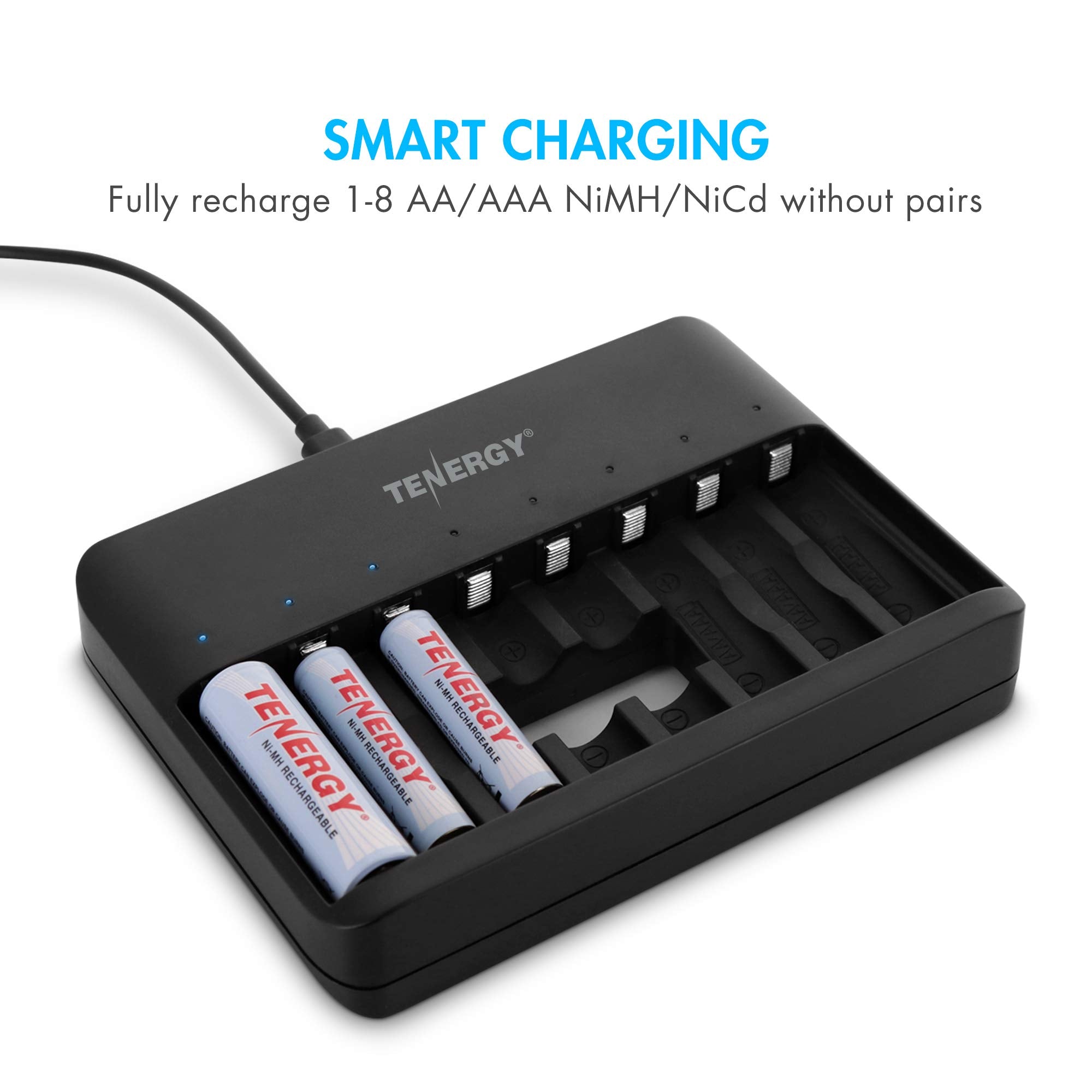 Tenergy Tn477U 8 Bay Fast Charger For Aa/Aaa Ni Mh/Nicd Rechargeable Batteries With Micro Usb And Usb C Input + 8X Aa Rechargeab