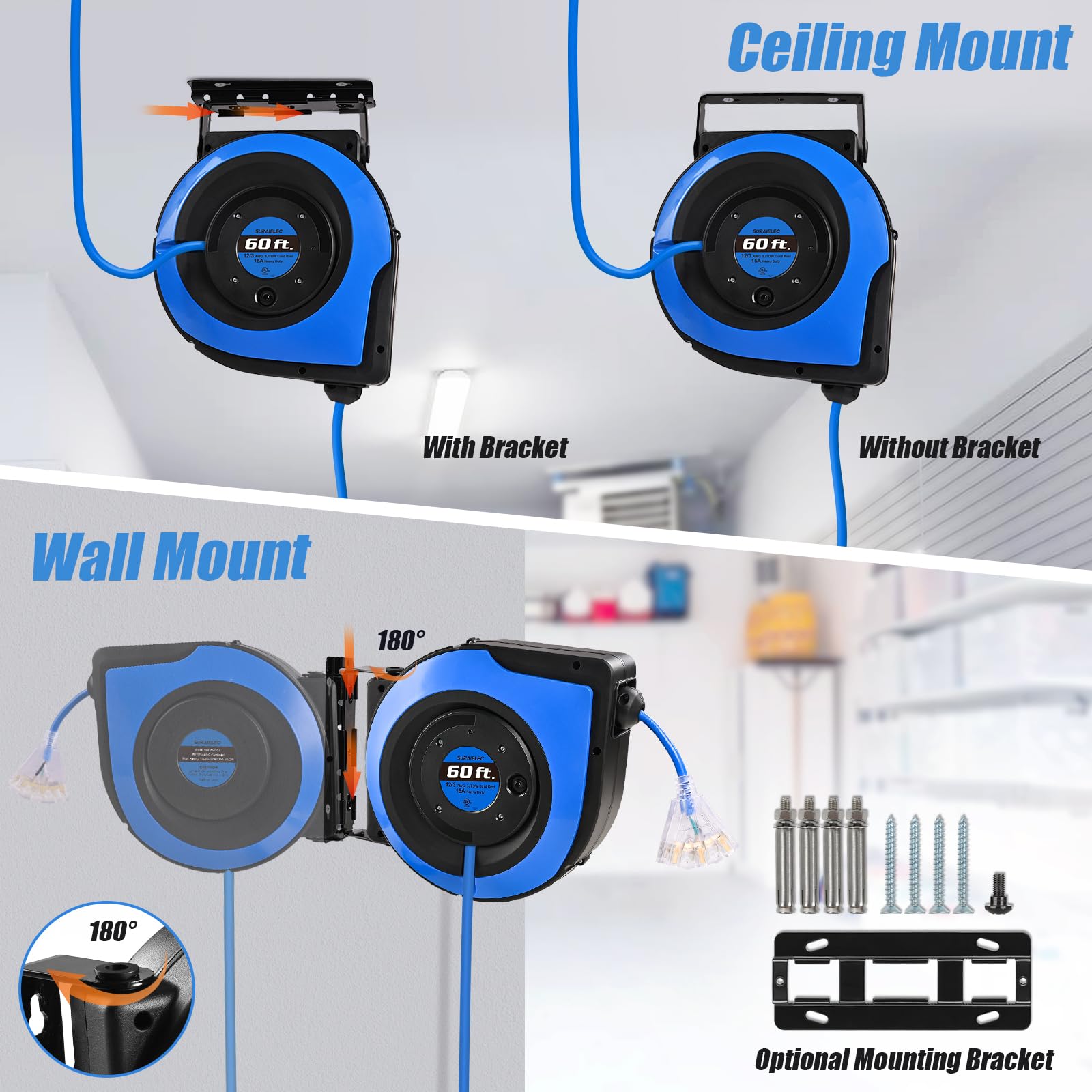 Suraielec 12 Gauge Retractable Extension Cord Reel, 60 Ft 12 Awg/3C Sjtow Heavy Duty Power Cord, 3 Outlets Triple Tap, 15 Amp Ci