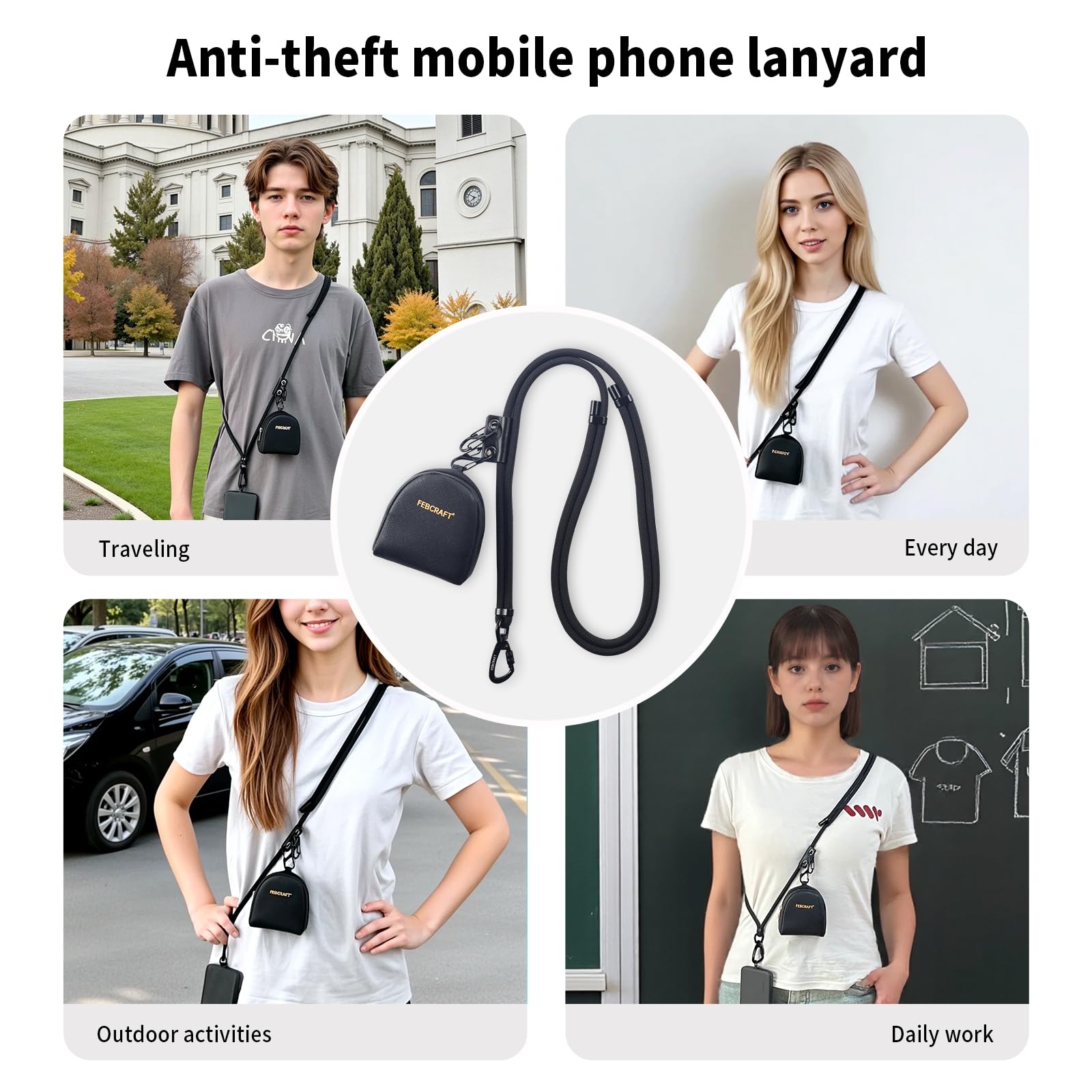 Febcraft Phone Lanyard,Anti Theft Phone Strap,With Steel Wire & Lock,Clip And Go Strap For Phone With Wallet Crossbody,Travel Es