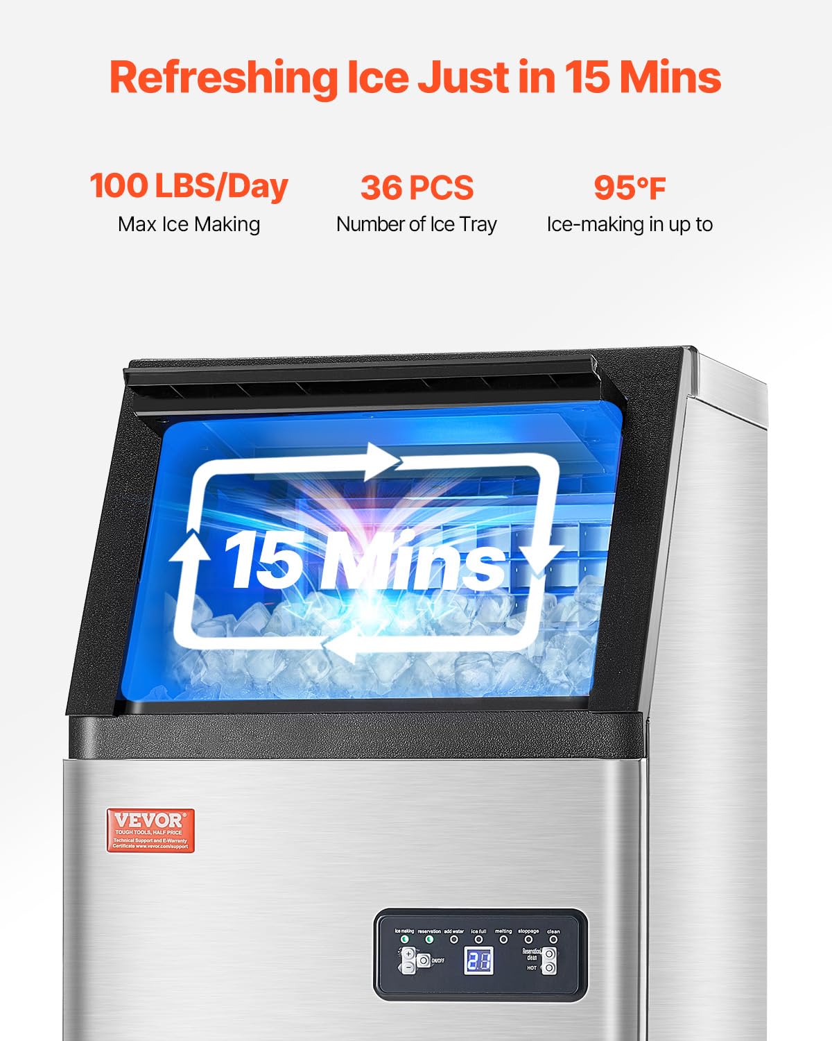 Vevor Commercial Ice Maker Machine, 100Lbs/24H Ice Maker Machine With 16Lbs Storage Capacity, 36 Ice Cubes In 15 Minutes, Led Di