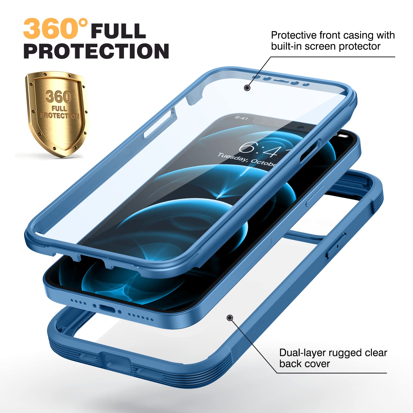 Miracase Designed For Iphone 12 Pro Max Case, Full Body Rugged Case With Built In Touch Sensitive Anti Scratch Screen Protector,