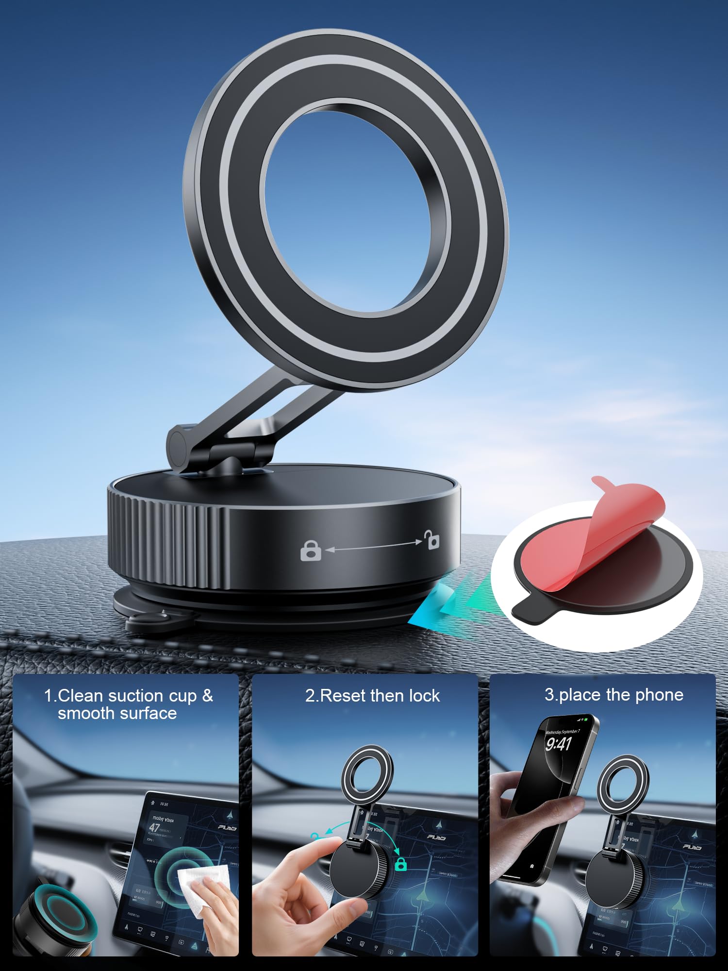 Hohosb Phone Holders For Your Car,Upgraded Vacuum Magnetic Phone Holder Stand For Magsafe,360 Rotatable Zinc Alloy Suction Cup P