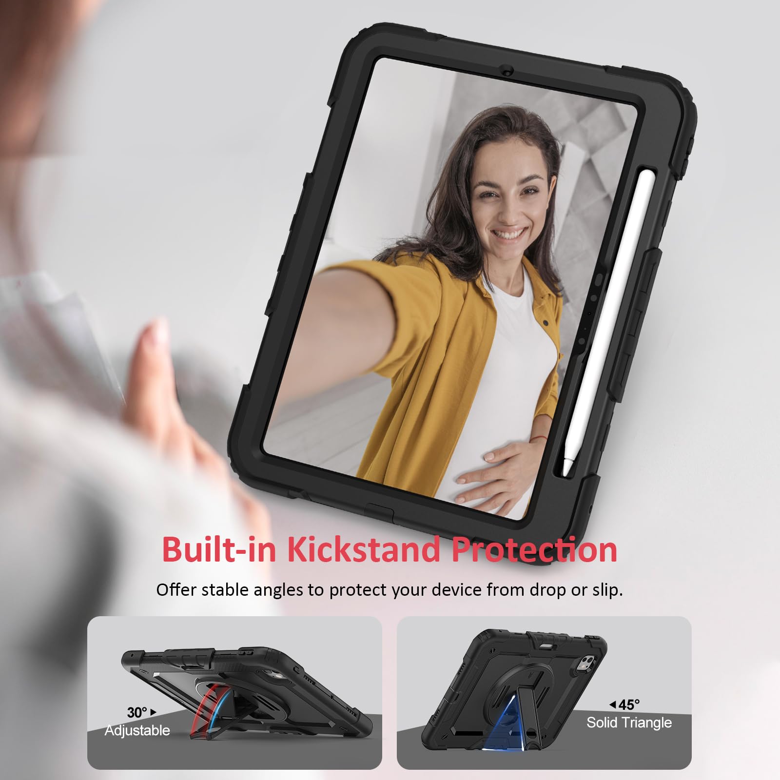 Ambison For Ipad Pro 11 Inch Case 2024(M4, 5Th Generation),With 9H Tempered Glass Screen Protector,Full Body Heavy Duty Shockproof Protective Cover With 360� Rotate Strap Stand,Pencil Holder Black